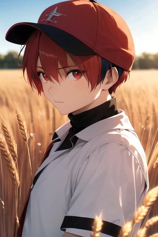 masterpiece, best quality, illustration, 1boy, solo, male focus, looking at viewer, upper body, depth of field, , realistic, <lora:stark_sousou_no_frieren:0.72>, stark_sousou_no_frieren, red hair, red eyes, multicolored hair, black hair, , , baseball cap, wheat field, 4k resolution