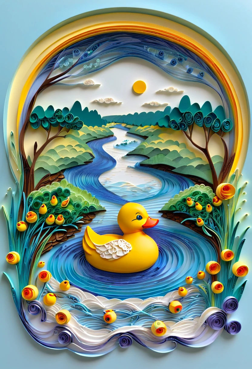 paper quilling, layered paper, river, yellow rubber duck