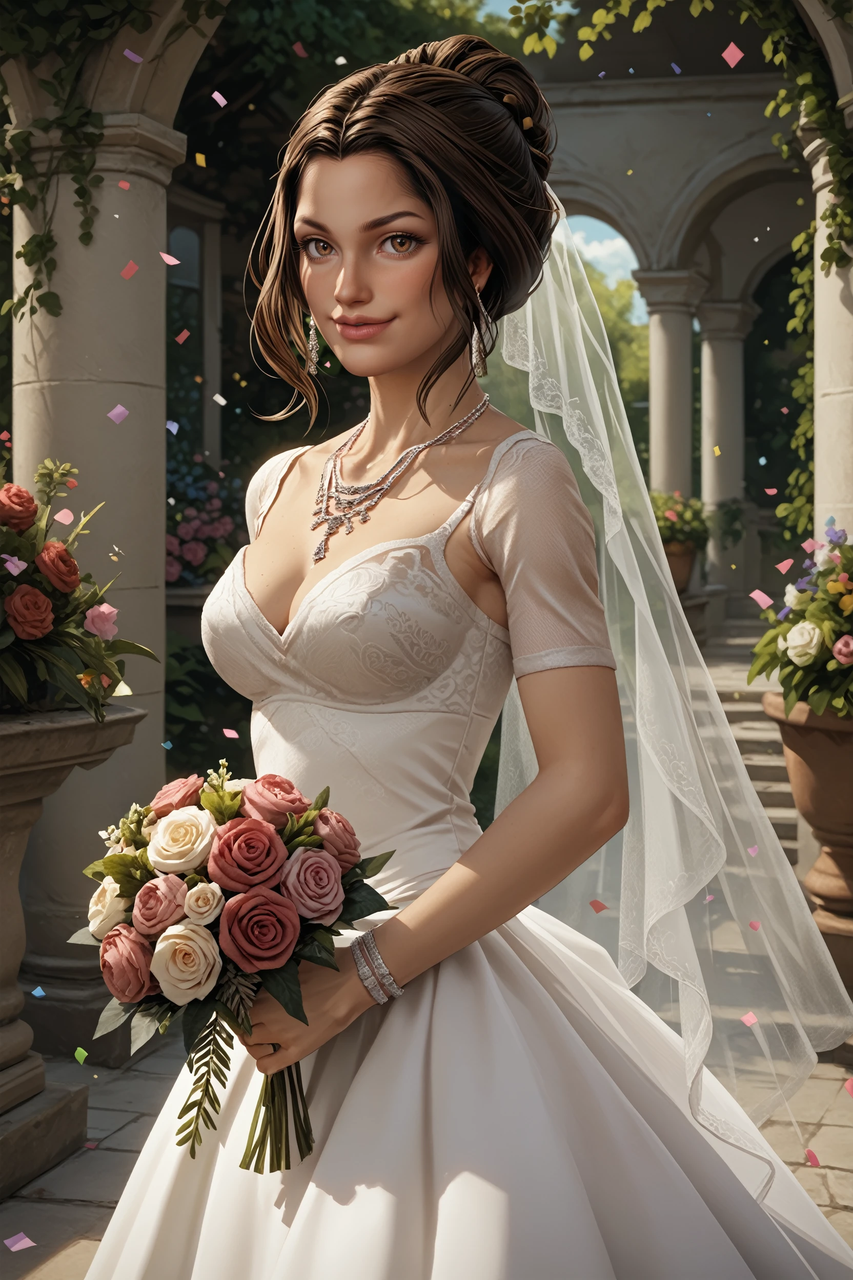 score_9, score_8_up, score_7_up,
<lora:SH4Cynthia:0.8>
SH4Cynthia, 1girl, brown hair, brown eyes, hair updo, looking at viewer, garden, wedding dress, necklace, smile, bouquet, day, confetti, cowboy shot, standing