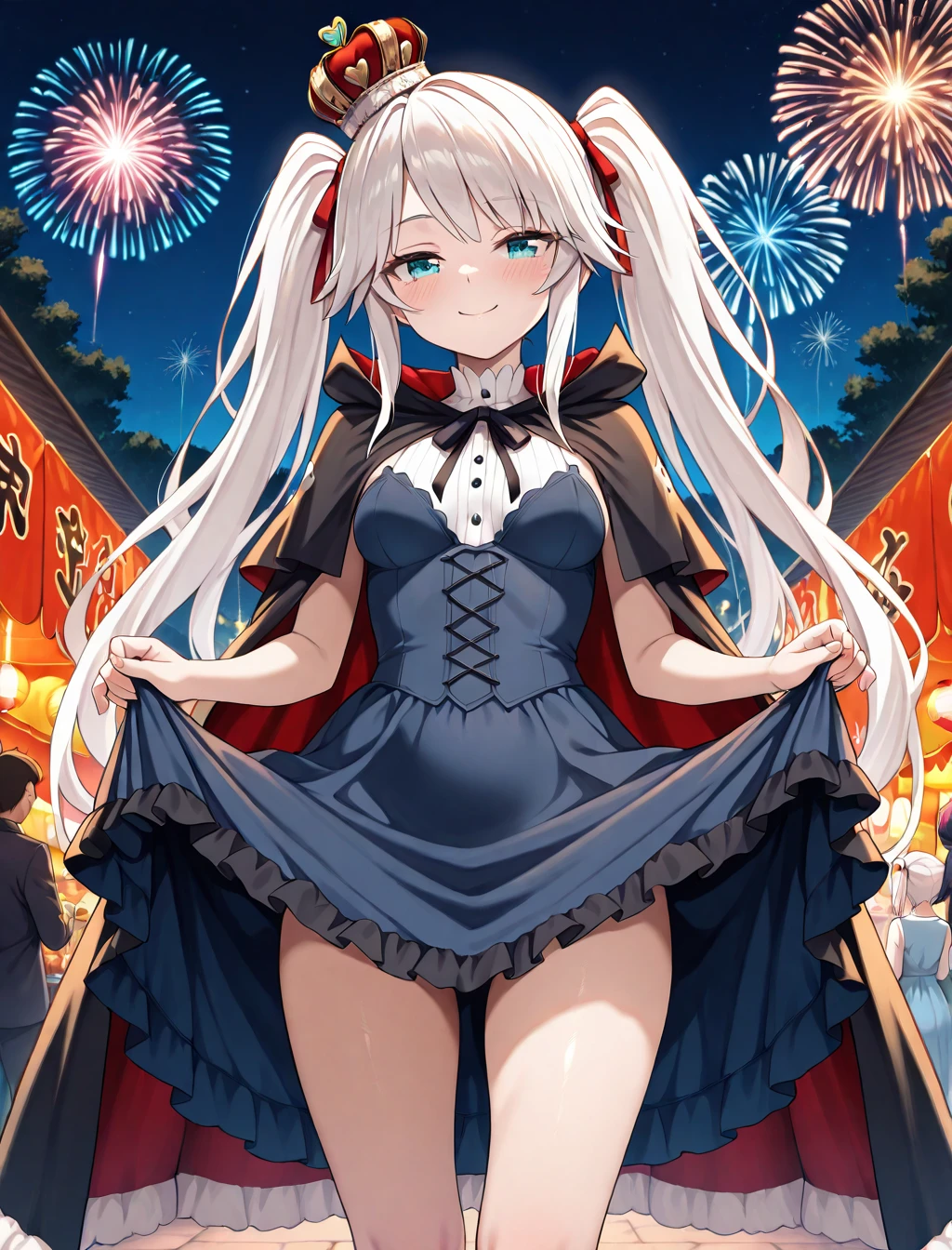 (masterpiece) ,best quality,amazing quality,very aesthetic,absurdres,newest, highres, anime style, BREAK Sybilla, fully clothed,  darkblue dress, coronet, royal cloak, festival, fireworks, standing , smile 