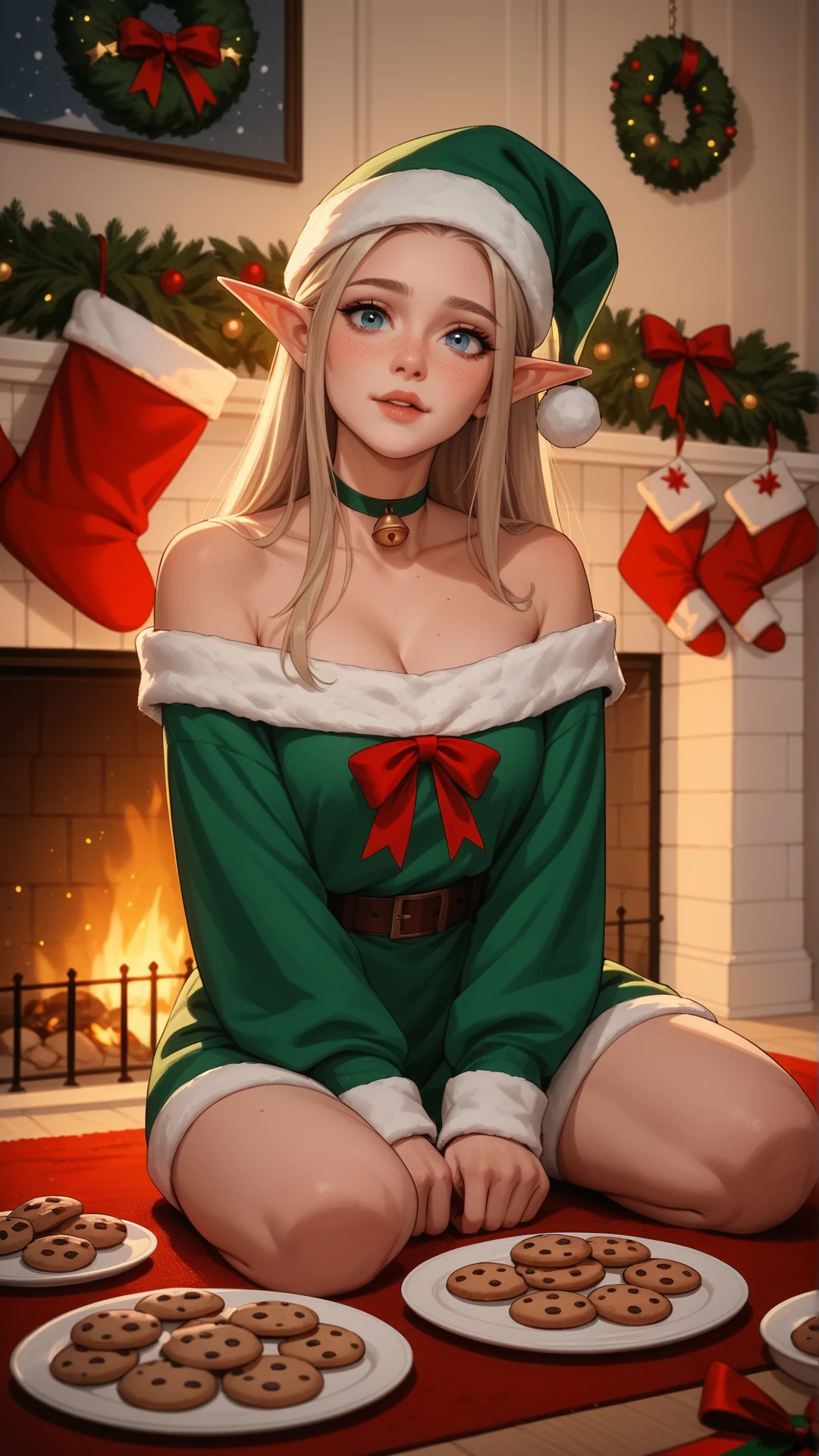 acore_9, score_8_up, score_7_up, score_6_up, score_5_up, score_4_up, a woman, christmas, cookies, christmas elf costume, uwu, something beautiful, fireplace, evening