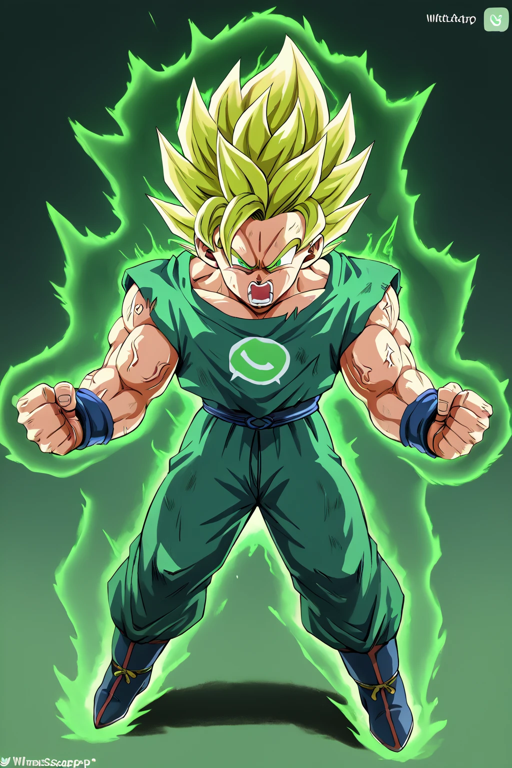 digital_media_(artwork), hi_res, score_9, score_8_up, score_7_up, score_6_up, score_5_up, score_4_up,  <lora:WhatsappDrip:1> (WhatsappDrip, Whatsapp logo, whatsapp),green eyes, green clothing,  <lora:Goku_Pony_XL:0.6> goku, pissed off, 100%, aura, screaming, ki, sayan2, green hair, super saiyan, green ki, glowing, angry, veins, muscular, full body