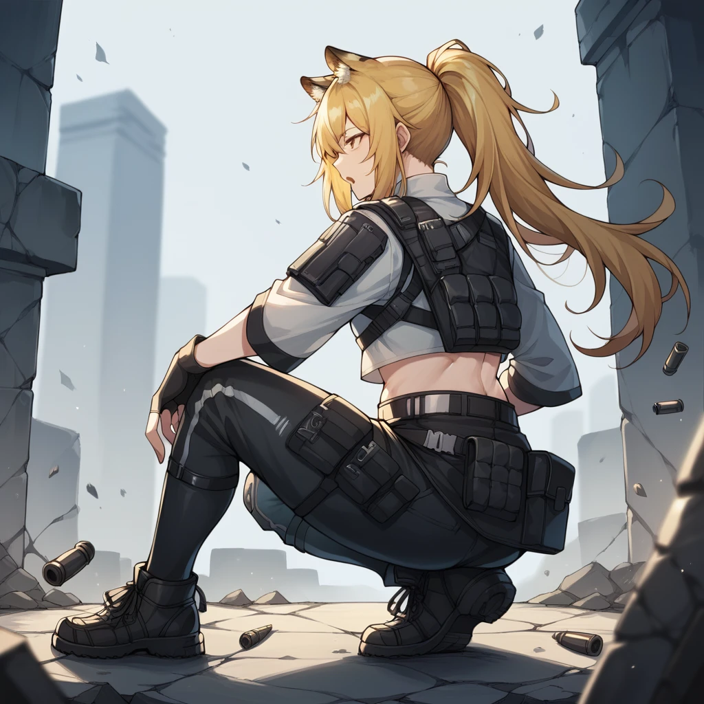 score_9_up, score_8_up, score_7_up, source_anime, 1girl, solo, debris, ruins, ruined cityscape, squatting, black footwear, boots, on one knee, from side, behind cover, holding pistol, flying bullets, holding radio, open mouth, commanding, full body, looking to side, SGark, SG_3rd, siege (arknights), yellow eyes, blonde hair, long hair, ponytail, tiger ears, tiger tail, white shirt, cropped shirt, tactical clothes, alt pants, black pants, belt, pouch, blonde hair, midriff, fingerless gloves, black gloves, mismatched sleeves, asymmetrical sleeves, mature body, dynamic cowboy shot, 