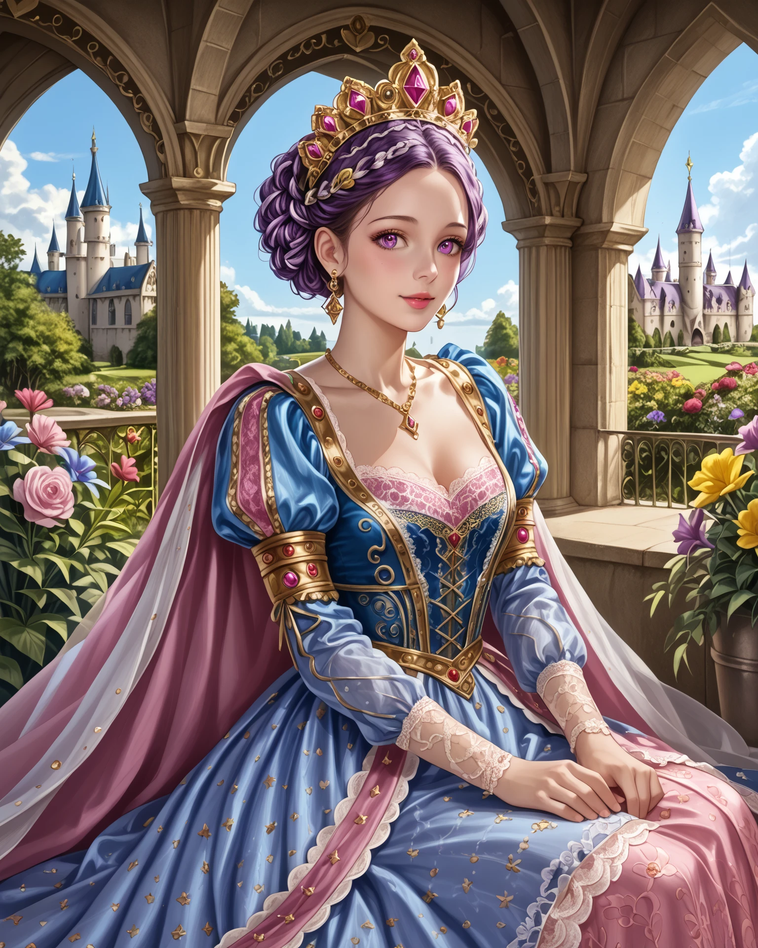 score_9, score_8_up, score_7_up, 1girl, wearing medfa, medfa clothing, sitting, castle garden, gazebo, (colorful lace:1.3), (detailed lace:1.3), rhinestones, purple and blue clothing, gold accents, flowers, summer day, extremely detailed clothing, jacquard fabric, complex embroidery, masterpiece, highest quality, absurdres, (extremely detailed,best quality:1.1), detailed face, detailed hair,  digital art, anime, <lora:Medieval_Fashion_XL:1>,