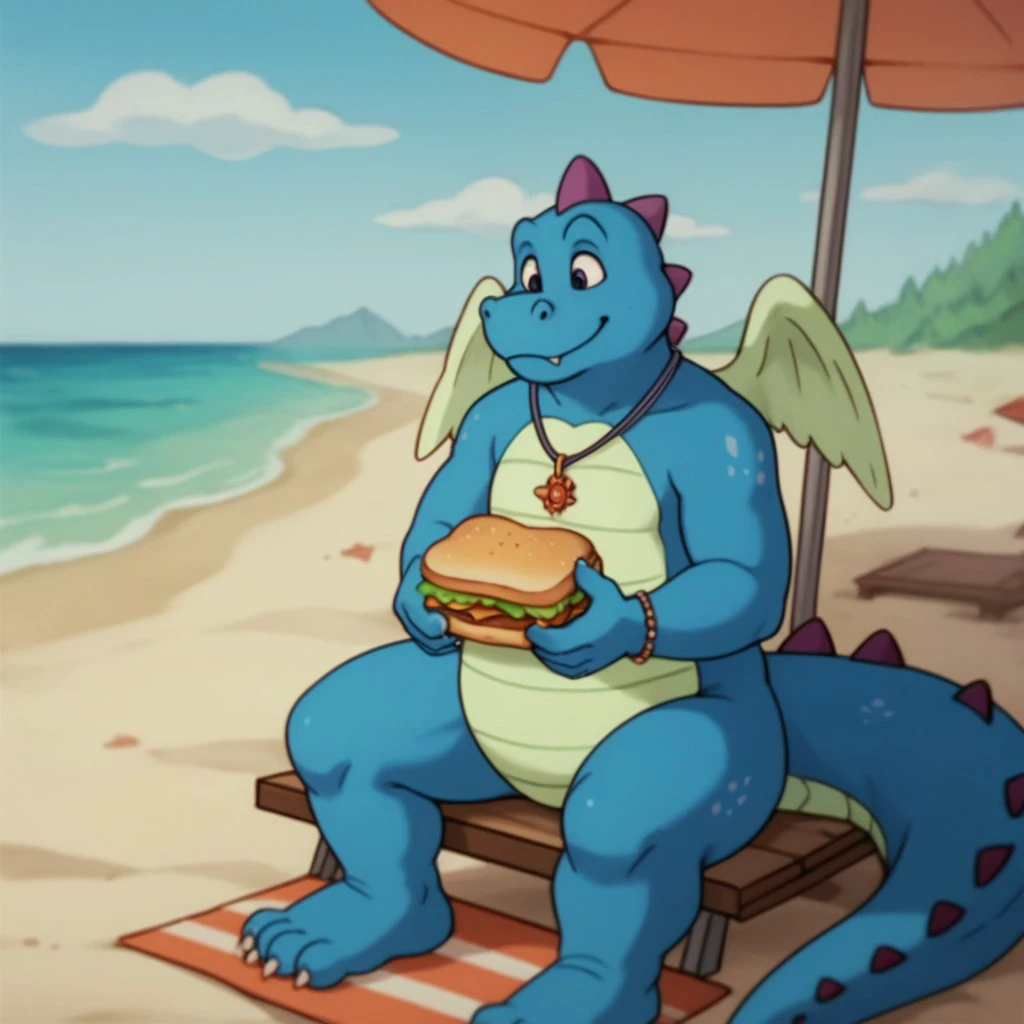 score_9, score_8_up, score_7_up, score_6_up, score_5_up, score_4_up, source_furry, OrdDT, semi-anthro, male, dragon, blue skin, wings, jewelry, necklace, sitting, on beach, holding sandwich