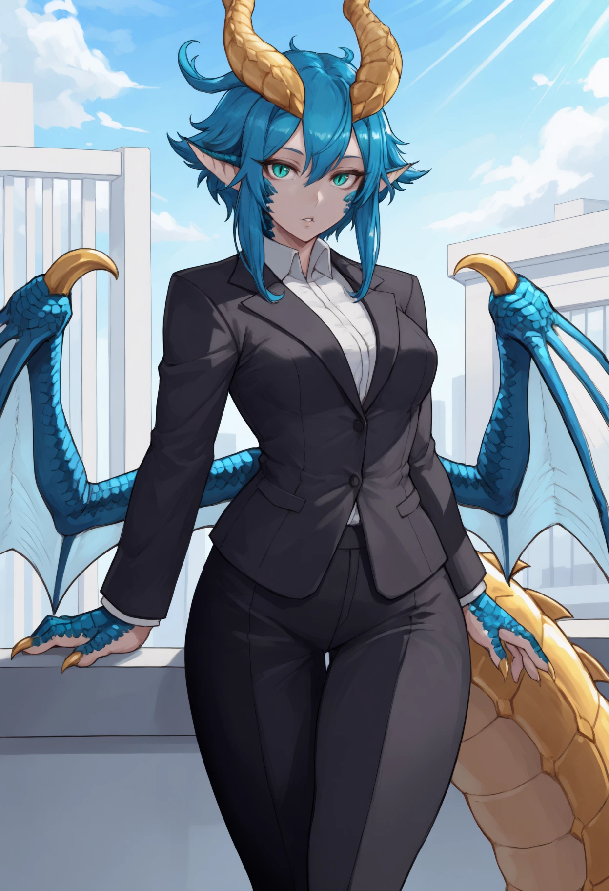 masterpiece, best quality, 1girl, monster girl, horns, blue scales, aqua eyes, slit pupils, animal ears, pointy ears, blue hair, short hair with long locks, hair between eyes, yellow tail, gold tail, yellow tail scales, animal hands, claws, gold nails, medium breasts, blue wing scales, low wings, white wings,
black blazer, businesswear, black pants, suit pants,
looking at viewer, parted lips,
outdoors, office, balcony, city, blue sky, clouds, sunbeam, sunlight,
<lora:Skadi-Dragenfelt-NoobAi-1.1_V1-Manityro-CAME:1>,