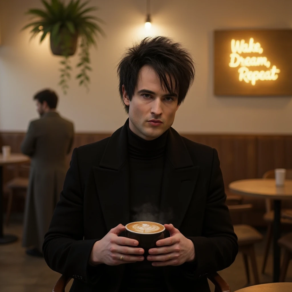 Morpheus, the King of Dreams, sits quietly in a sleek, coffee shop bathed in warm, golden light. The air is filled with the rich aroma of freshly brewed espresso, and the hum of quiet conversations blends with soft lo-fi music. Dressed in an effortlessly stylish black turtleneck and tailored coat with wild black hair, he cradles a steaming latte in his pale hands, the foam art forming an intricate galaxy. His pale skin and his piercing eyes, filled with ancient knowledge, scan the room as if observing the dreams of each patron. The minimalist décor around him features wooden tables, greenery spilling from hanging planters, and neon art that reads “Wake, Dream, Repeat.” The scene is rendered in a cinematic, contemporary style with sharp detail and subtle surreal elements.
