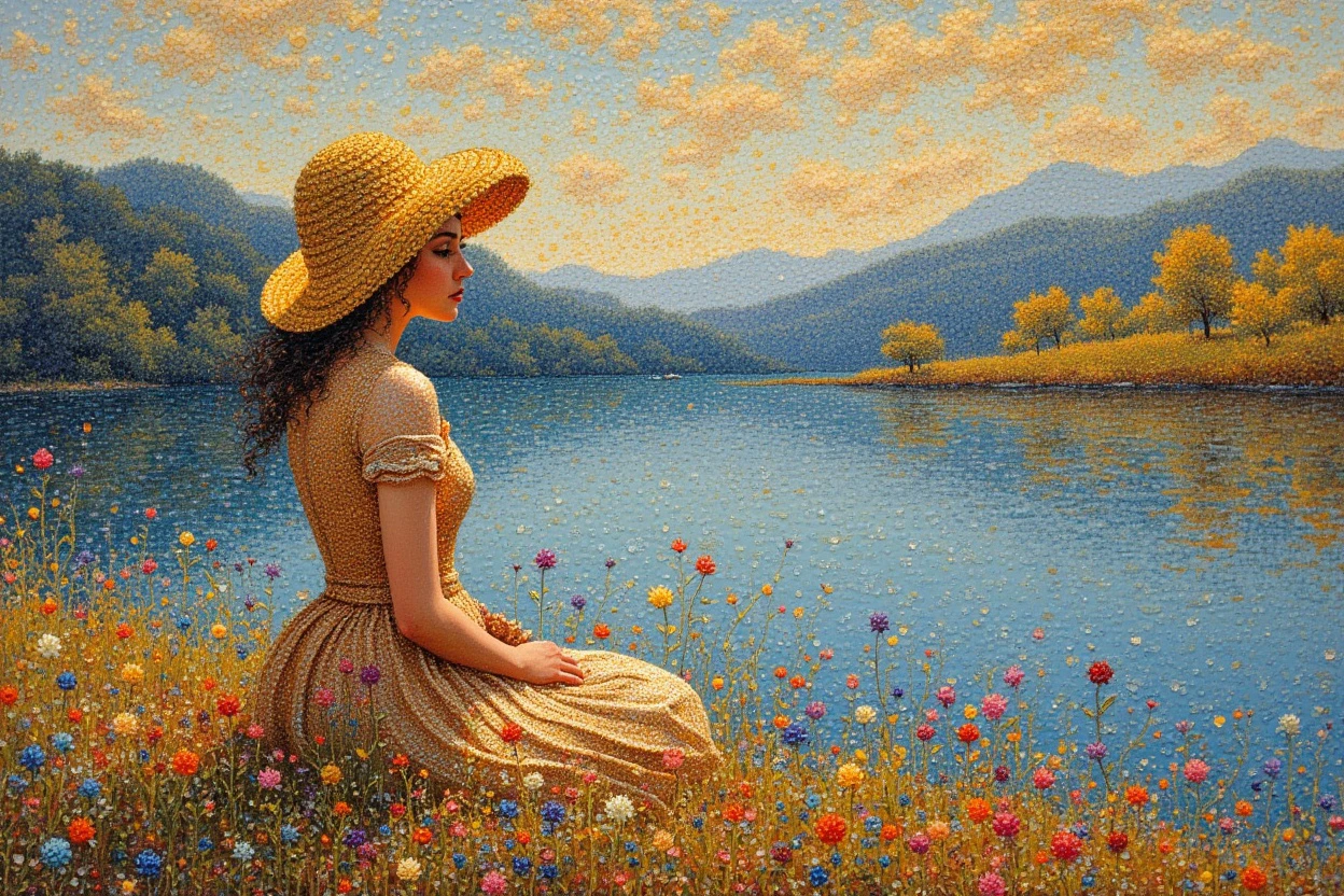 dotted truepointilli painting of a woman with a hat next to a lake