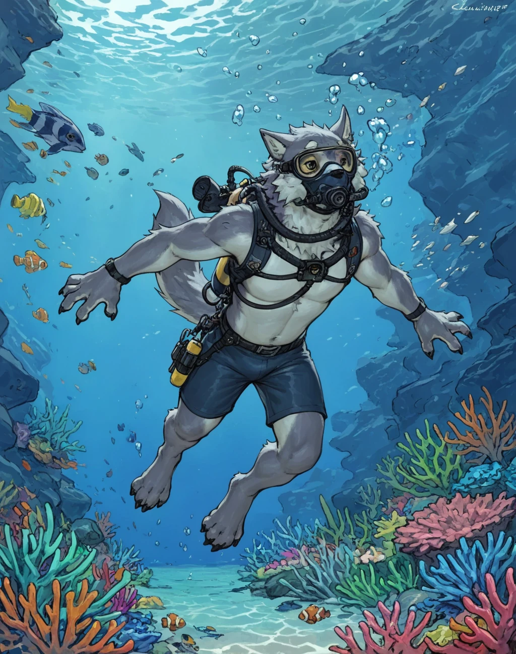 masterpiece, best quality, dangpa, tarran fiddler, 

anthro, male, wolf, solo, diving gear, atlantis, underwater, coral reef, colourful, tropical waters, scuba gear, shorts, rebreather, scuba tank, (blue tang:1.2), clownfish, swimming, great barrier reef, australia