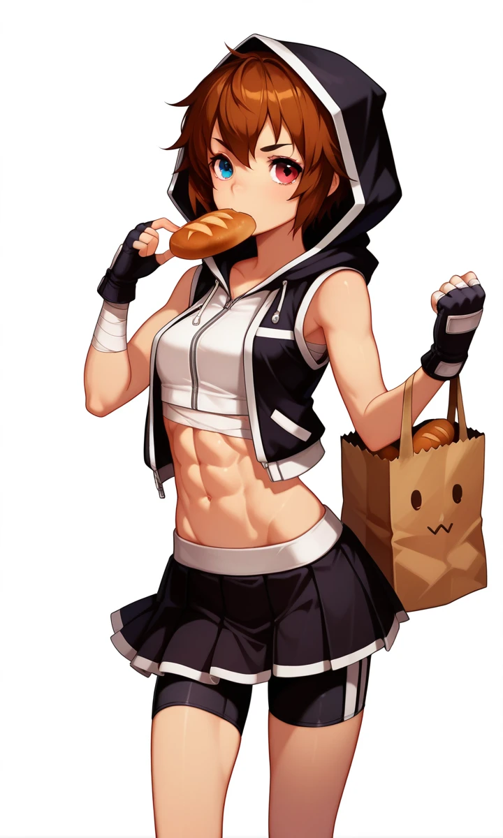 alchilia01f1, Estelle, neutral party, 1girl, heterochromia, solo, food, skirt, brown hair, red eyes, short hair, navel, mouth hold, blue eyes, gloves, paper bag, bag, bike shorts, midriff, fingerless gloves, small breasts, bread, bandages, hood, white background, simple background, looking at viewer, pleated skirt, food in mouth, shorts, vest, black gloves, shorts under skirt, hoodie, black skirt, open clothes, grocery bag, transparent background, sleeveless, miniskirt, abs, jacket,masterpiece,best quality,amazing quality,absurdres,<lora:Alchilia_illustrious_0002:1>,