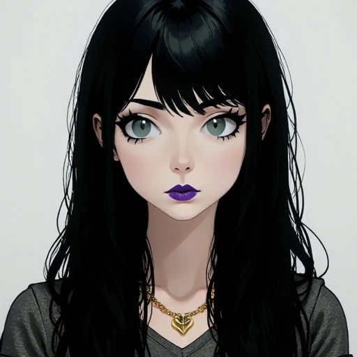 expressive green eyes, anime-inspired style. The subject is a young woman with striking, gothic aesthetic. She has a pale skin tone, and straight, flowing black hair styled in loose waves cascading down her back and shoulders, almond-shaped, and she has large, light blue eyes that are wide and expressive, showcasing a young woman standing in a minimalist