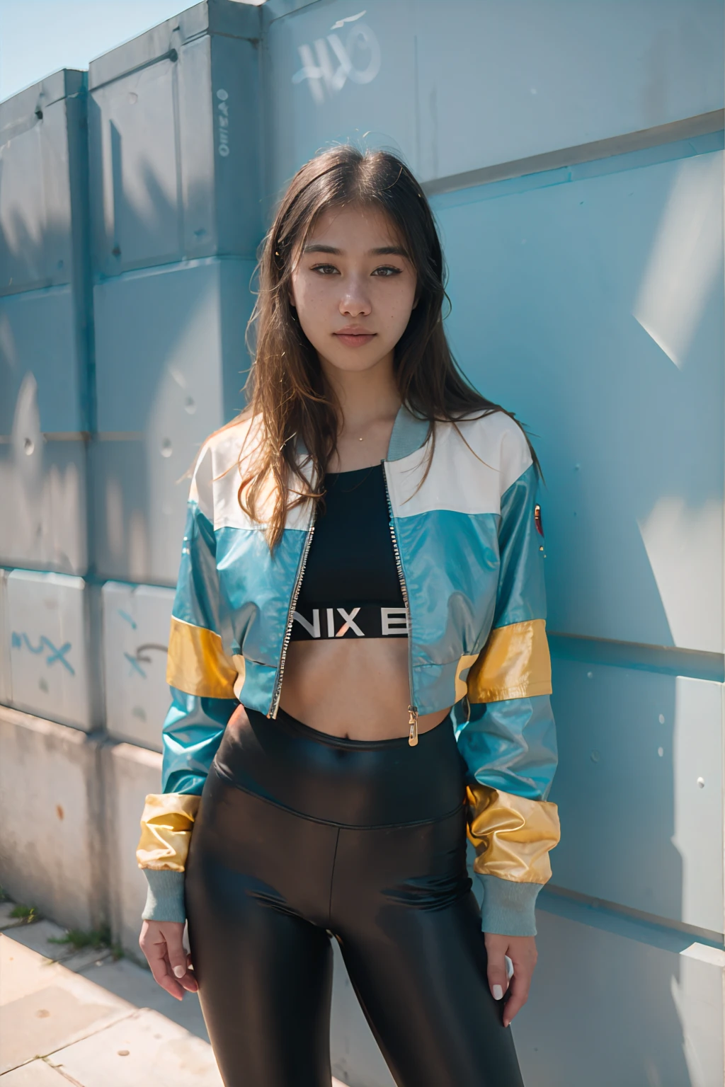 BREAK a (portrait, upper body focus) photograph of (1girl, 19 years old, slight smile, <lora:ZH_P0Wyang_v1SD15:1>, zh_p0wyang, solo, realistic, long hair, lips, looking at viewer), wearing (bomber jacket, crop top, leggings),