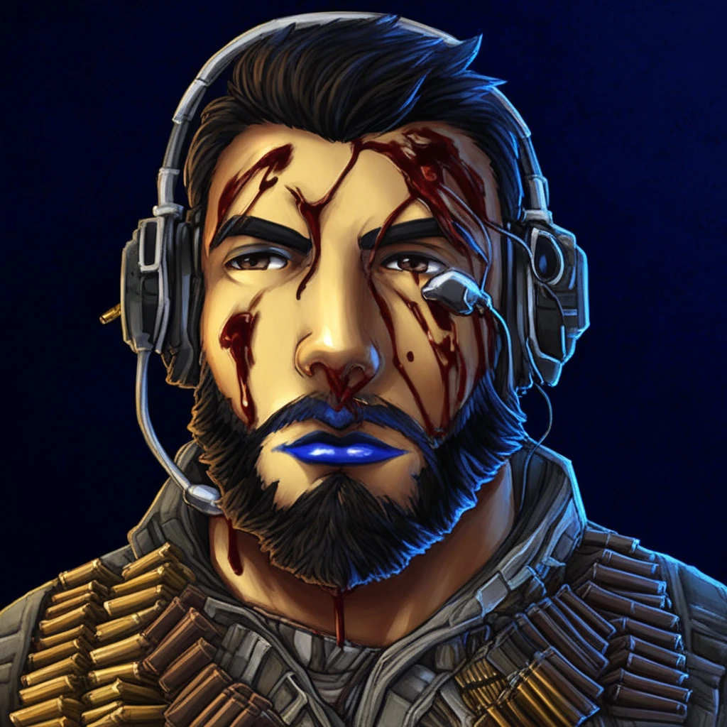 blue lips, purple lips, straight-on, headset, blood on face, ammunition belt, blue theme, brown eyes, male focus, solo, ziggurat, beard