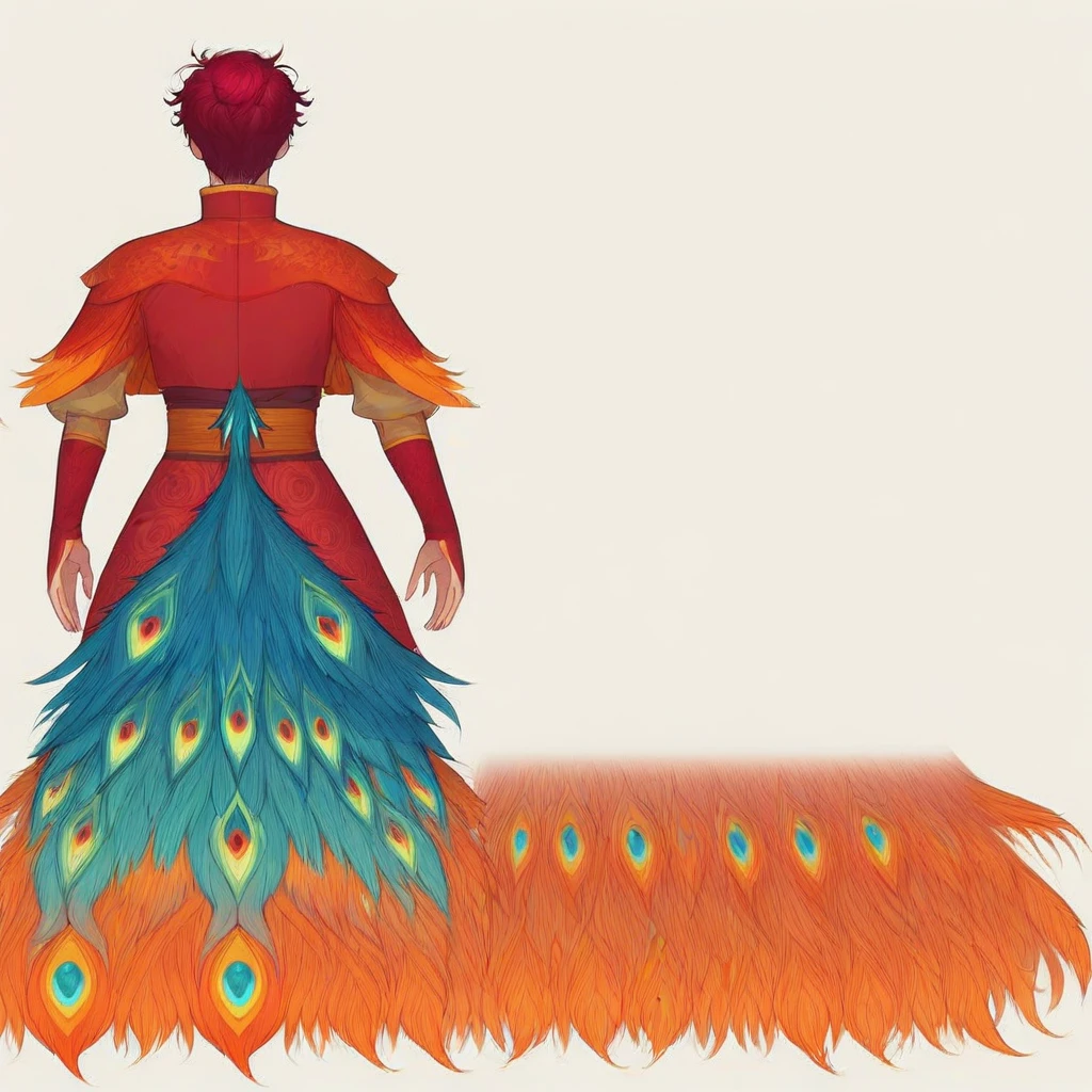 from behind, Front view, red hair, peacock tail, suzaku, pants, phoenix garb, solo, Back view, simple background, full body, Green eyes, short hair, profile