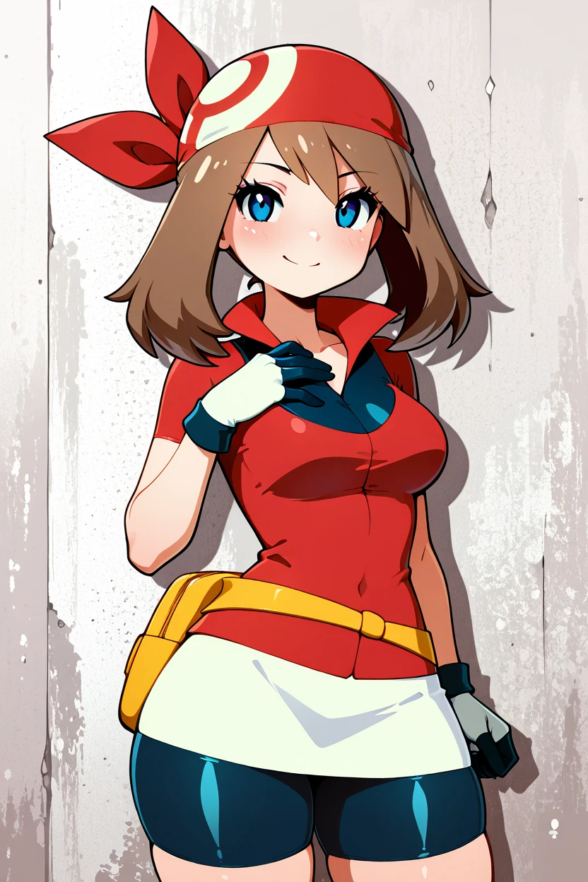 masterpiece, best quality, medium breasts, (curvy),  ,,, BREAK,  zzMay, may (pokemon), solo, brown hair, blue eyes, medium hair, red shirt, bike shorts, red bandana, red shirt, gloves,  white miniskirt, yellow belt,  <lora:MayPokemonIXL_v2:1.0>,BREAK,  smile, looking at viewer, cowboy shot,  <lora:QuickCuteIXL:1.0>, ,