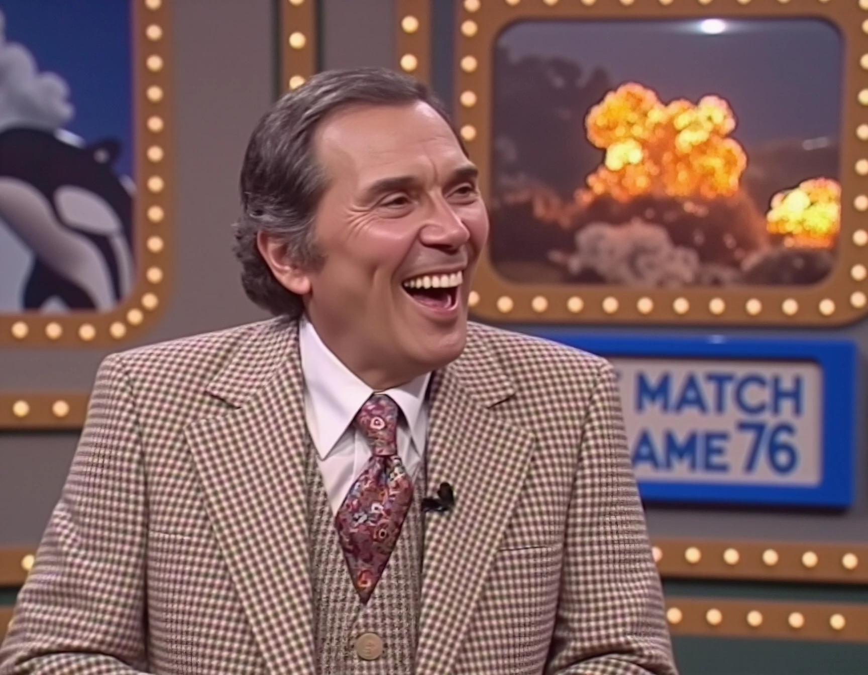 hilarious, slapstick snuff, an image of laughing Gene Rayburn with shaggy hair wearing a plaid suit and hosting SeaWorld Match Game 76, things are violent, as there are Jihadi orcas  exploding in the background. , bloody festivity, graphic injury hilarity, amusing suffering, laughing at gore, intricate mutilation, comedic.