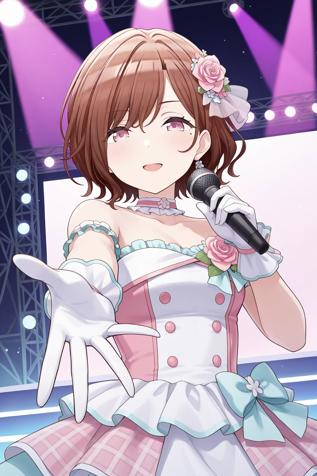 <lora:Higuchi_Madoka:1>, Higuchi Madoka, brown hair, short hair, swept bangs, mole, mole under eye, purple eyes, 1girl, solo, gloves, microphone, flower, dress, open mouth, bow, hair flower, white gloves, smile, pink dress, pink flower, holding, idol, pink rose, looking at viewer, blush, holding microphone, bare shoulders, ribbon, :d, choker, stage, stage lights, plaid, outstretched arm, rose, frills, strapless