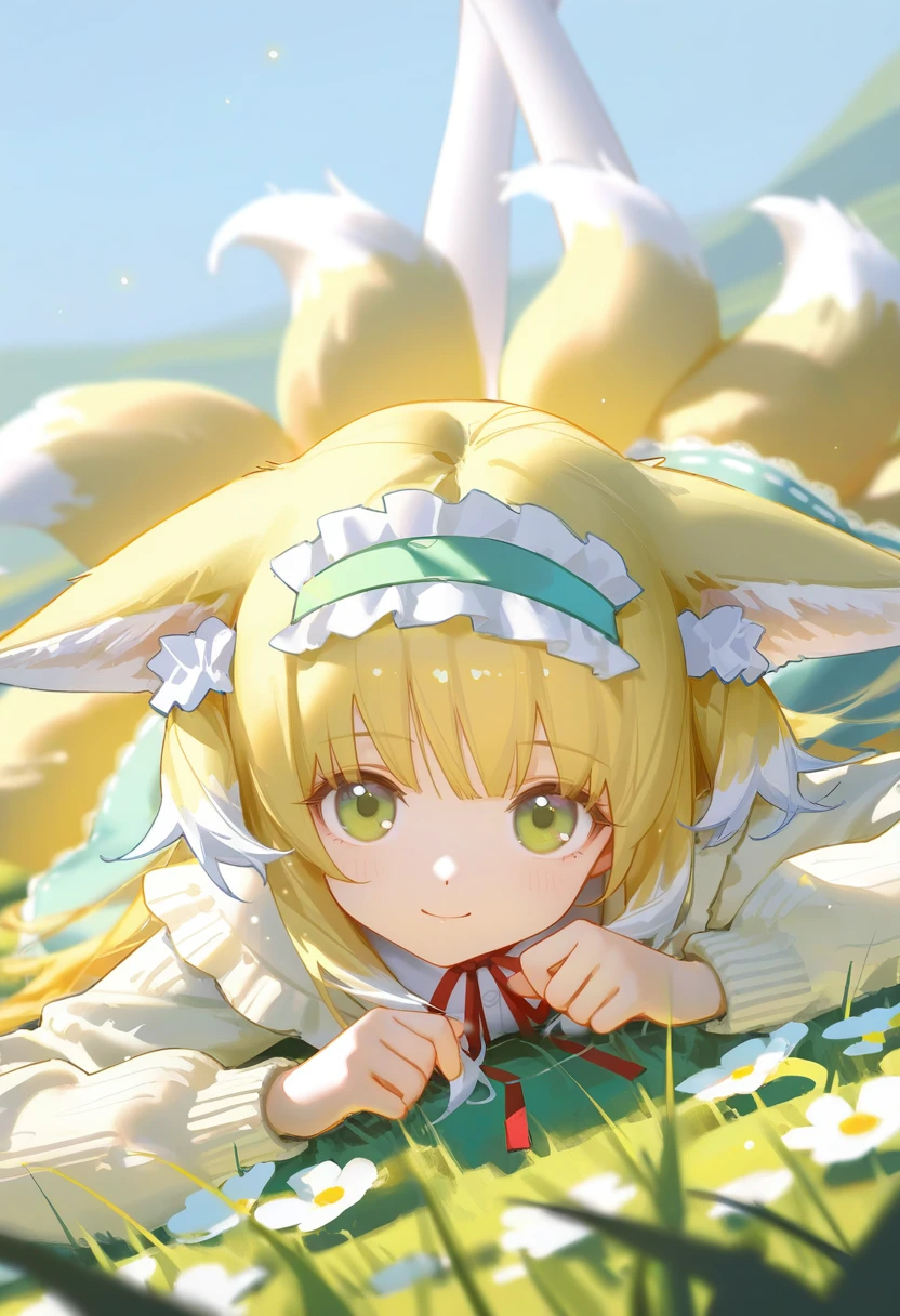 1girl, suzuran \(spring praise\) \(arknights\), (ningen mame:1.1), ciloranko, [sho \(sho lwlw\)], ask \(askzy\), tianliang duohe fangdongye, rhasta, wlop, dynamic angle, dutch angle, on stomach, head tilt, head rest, animal ears, blonde hair, eyes visible through hair, frilled hairband, frilled skirt, grass, green eyes, green hairband, legs up, long hair, long sleeves, looking at viewer, lying, multicolored hair, multiple tails, neck ribbon, official alternate costume, outdoors, plant, red ribbon, ribbon-trimmed skirt, smile, solo, streaked hair, white flower, white pantyhose, white tail, yellow tail, light particles, bloom, depth of field, masterpiece, best quality, good quality, newest, highres, absurdres