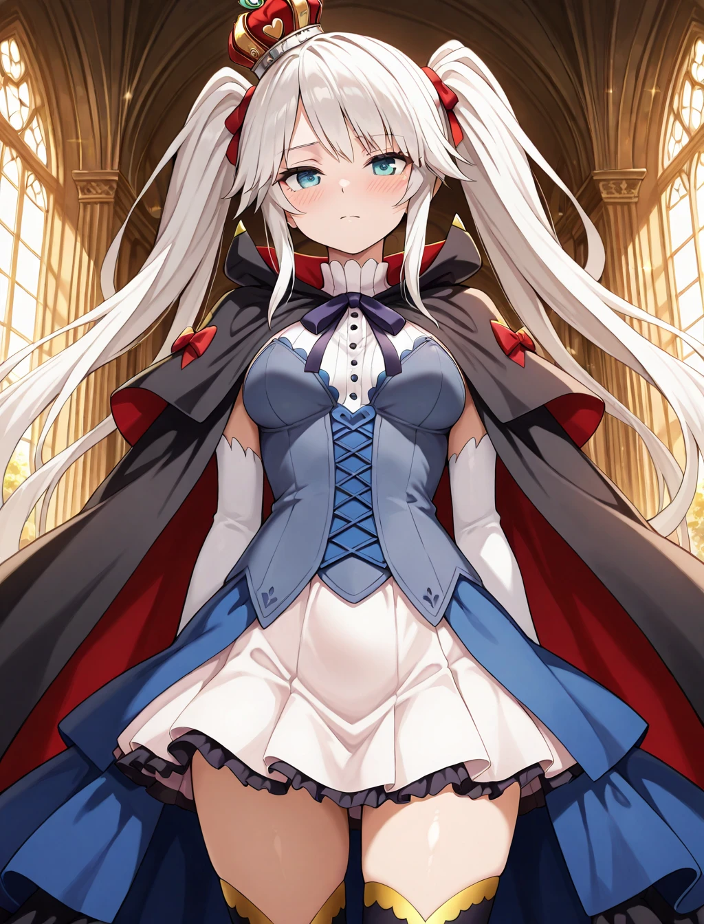 (masterpiece) ,best quality,amazing quality,very aesthetic,absurdres,newest, highres, anime style, BREAK Sybilla, royal palace, standing,  fully clothed, solo, darkblue dress, coronet, royal cloak