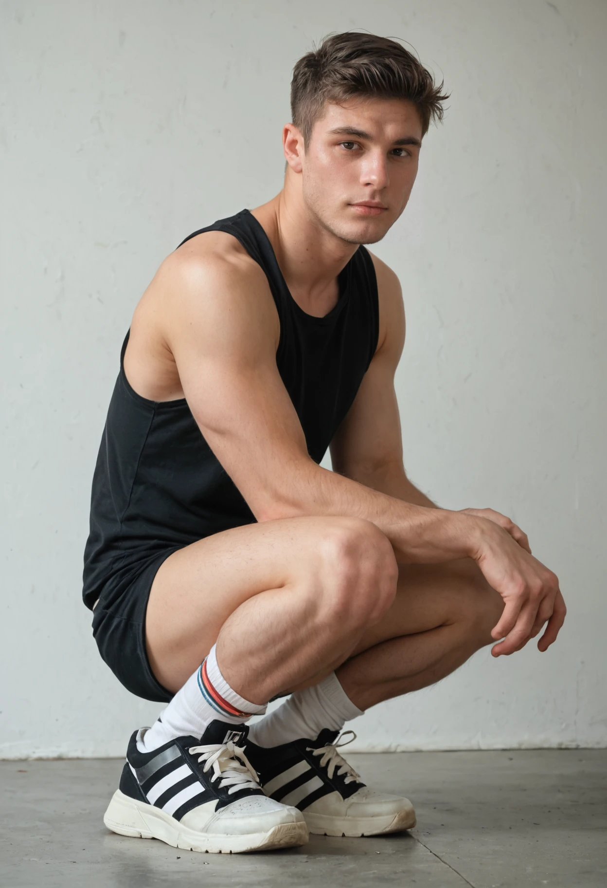 score_9, score_8_up, score_7_up, realistic, photorealistic, highly detailed, (from side:0.5), squatting, looking at viewer, <lora:xl_dominik_togyela-08:0.8> male domperson, wearing black tank top shirt and athletic shorts and socks and sneakers, posing against a white background