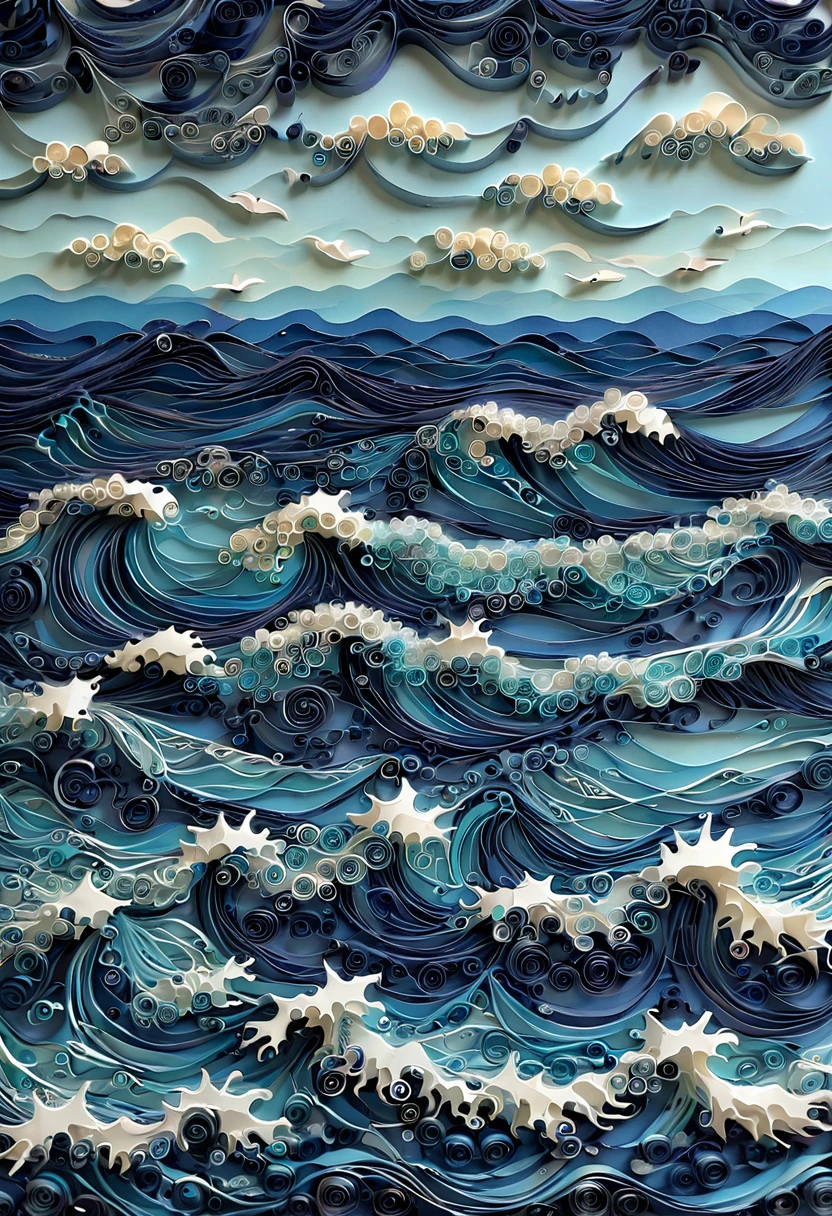 paper quilling, layered paper, sea, waves, 