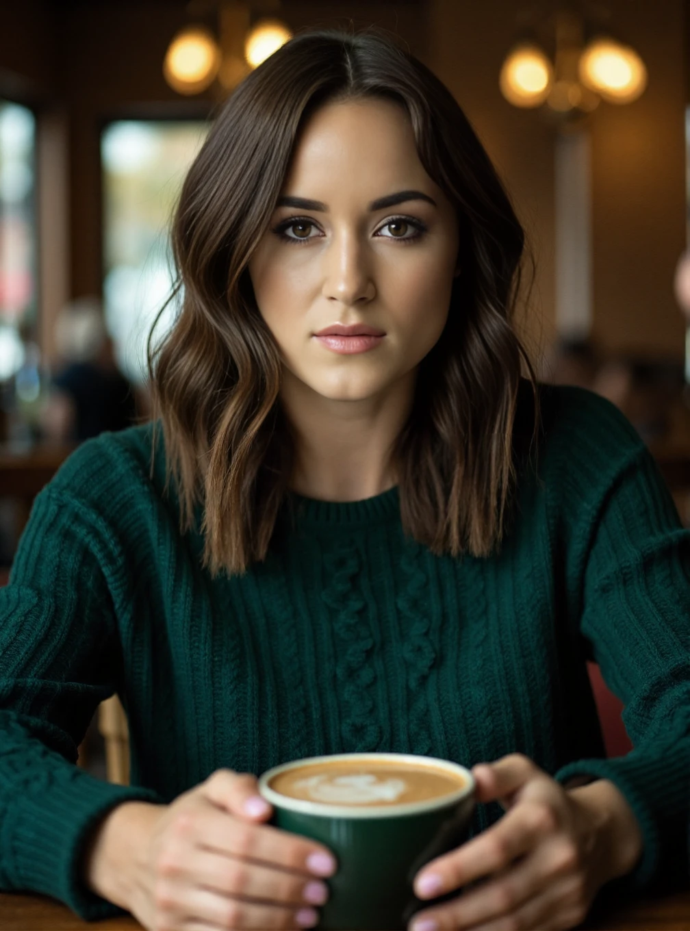 A professional photograph of a 23yo woman Rosie_Jones wearing a dark green cableknit sweater in a cafe, holding a latte. Brunette hair, light make-up, detailed skin, bokeh, female focus, (SFW)<lora:Rosie_Jones:1>