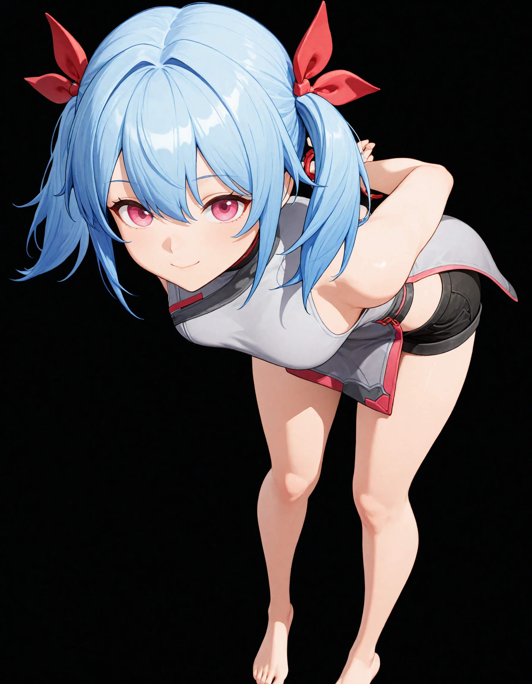 closed smile,leaning forward,hands behind back,looking  at viewer,thigh highs,<lora:ColphneV1iGf2:1>,black background,masterpiece,best quality,
colphnecgf2,1girl,solo,hair ribbon,blue hair,twintails,pink eyes,bare shoulders,sleeveless,dress,sleeveless dress,shorts,black shorts,short shorts,sleeveless dress,feet,barefoot,short qipao dress,gray dress,ribbon,bangs,red ribbon,jewelry,breasts,bare legs,