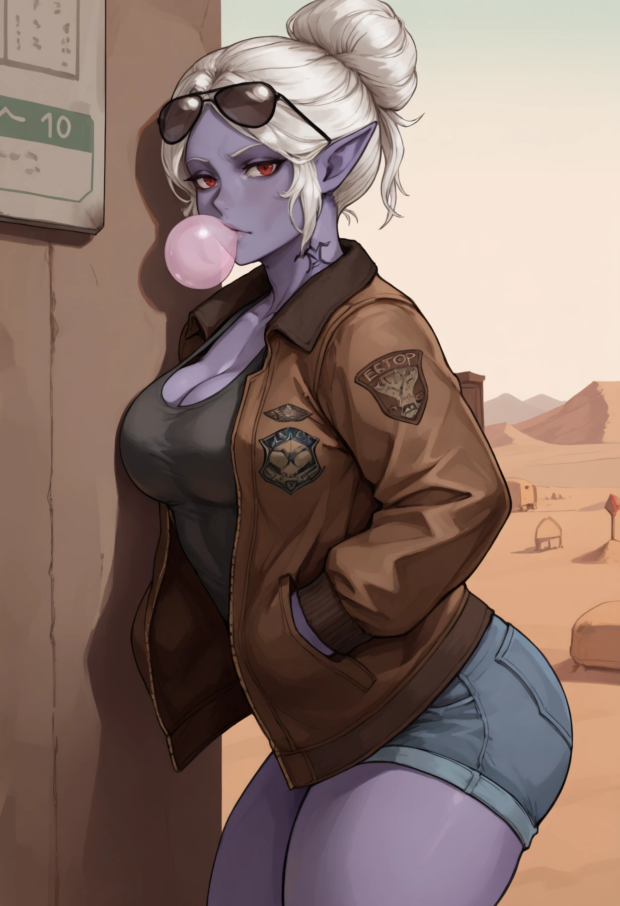 masterpiece, best quality, 1girl, colored skin, purple skin, pointy ears, red eyes, hair bun, short hair, white hair, neck tattoo, medium breasts,
aviator sunglasses, black eyewear on head, brown jacket, bomber jacket, black tank top, denim shorts,
looking at viewer, bedroom eyes, hands in pockets, leaning against wall, from side, green chewing gum,
outdoors, desert, bus stop,
<lora:Minthara-NoobAi-1.1_V1-Manityro-CAME:1>,