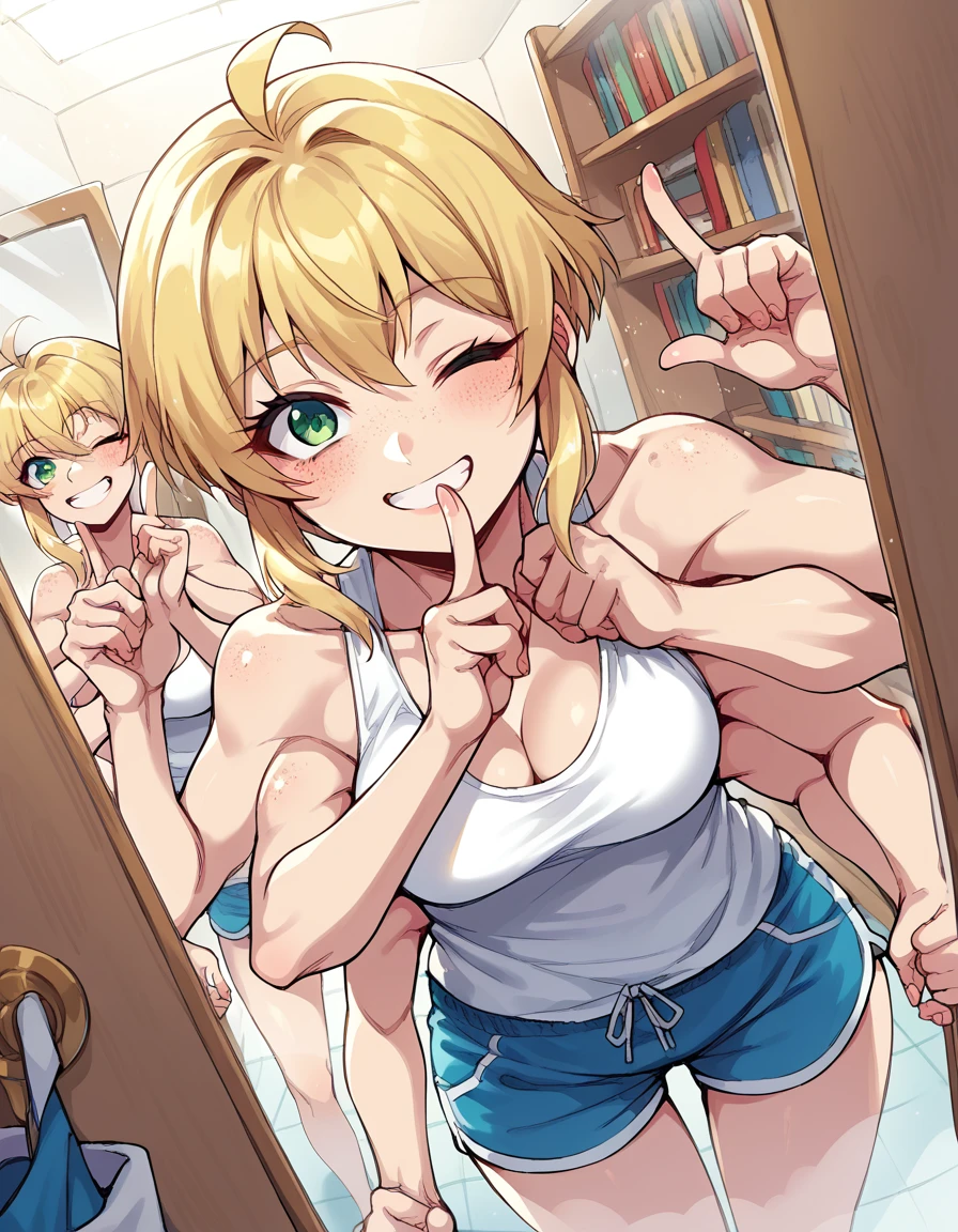 score_9, score_8_up, score_7_up, source_anime, <lora:heather-brown-ponyxl-lora-nochekaiser:1>, heather brown, extra arms,, tank top, cleavage, blue shorts, short shorts, medium breasts, green eyes, blonde hair, short hair, freckles, ahoge,, dressing room, mirror, lights, costumes, makeup, smile, <lora:shushing-ponyxl-lora-nochekaiser:1>, shushing, finger to mouth, index finger raised, from above, library, smile, blush, one eye closed, dutch angle,, looking at viewer, solo,, dutch angle, cowboy shot