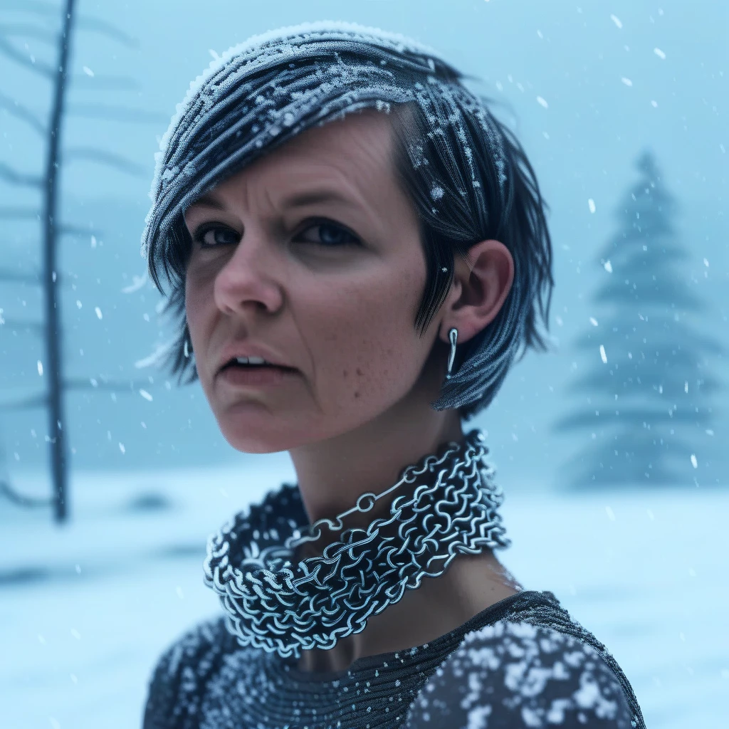 chainmail, short hair, jewelry, upper body, snowing, outdoors, shirt, earphones, closed mouth