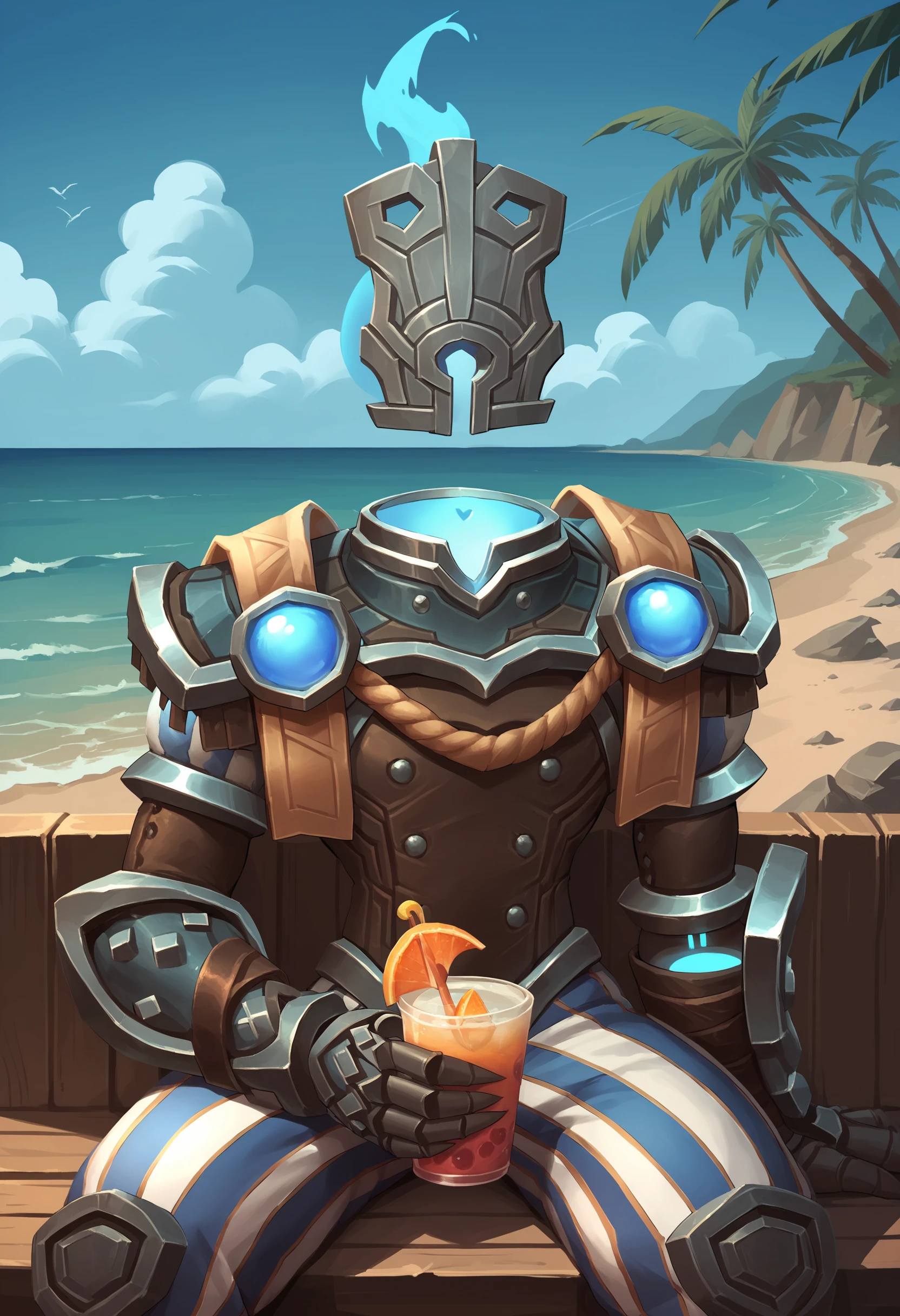 score_9, score_8_up, score_8, source_anime, <lora:Hammerstein:0.7> robot, heavy armor, bulky, no humans, science fiction, mecha, solo, glowing, red eyes, cable, view from front, sitting, spread legs, (holding cocktail:1.2),
beach background, ocean, sunshine, outdoors, blurry background,