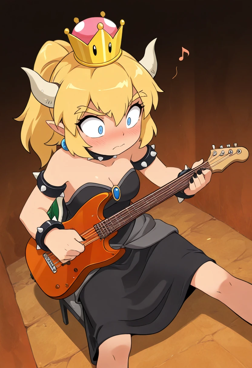 masterpiece, best quality, amazing quality, very aesthetic, absurdres, 1girl, solo,
<lora:Bleedman-IL:0.8> bldmn, Bowsette,
solo, playing instrument,  sitting , one outstretched leg, musical note,, in denial, wide open eyes, closed mouth,  o_o, blush, wide-eyed, surprised, sad,, birdâs eye view,