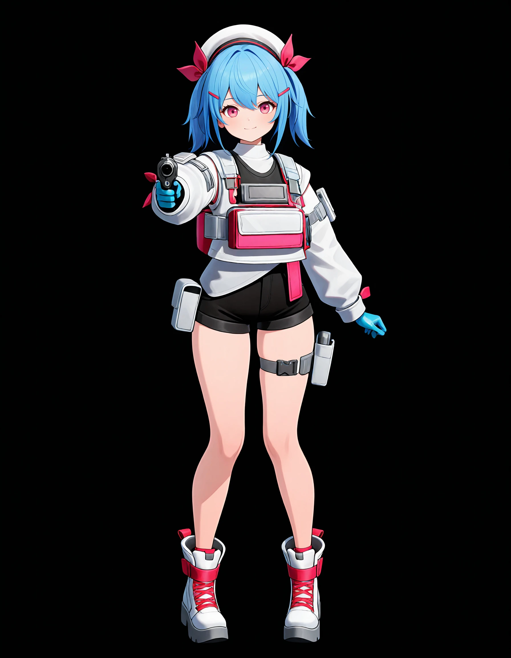 closed smile,black background,masterpiece,best quality,
colphnemgf2,1girl,solo,hat,hair ornament,blue hair,twintails,short twintails,pink eyes,jacket,white jacket,latex gloves,blue gloves,thigh strap,sneakers,white footwear,boots,holster,smile,full body,simple background,looking at viewer,bangs,closed mouth,hairclip,standing,medium hair,gray shirt,black shorts,black vest,white and red jacket,red laces boots,<lora:ColphneTest5:1>,holding gun,Pointing gun at viewer,