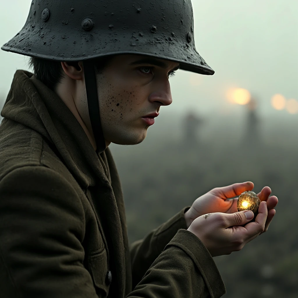 A gritty close-up of Morpheus in the trenches of World War I, his pale, gaunt face smeared with mud and shadowed by a steel helmet. His haunted eyes are locked on a dream-shard he cradles in his hand—a small, glowing fragment of hope amidst the chaos. The dull orange glow of distant artillery reflects in his expression, a mix of sorrow and resilience. Around him, the fog of war merges with the dreamlike haze of his realm, blurring the line between the nightmare of the battlefield and his eternal dominion. The scene is rendered in a raw, dramatic style, with muted colors and stark contrasts.
