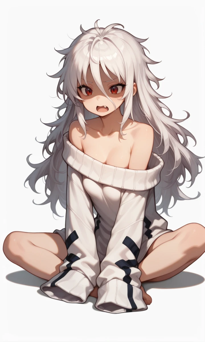 alchilia01f1,no.6,1girl,long hair,white hair,solo,open mouth,fang,messy hair,sitting,bare shoulders,off shoulder,small breasts,sleeves past wrists,shaded face,sweater,oversized clothes,sleeves past fingers,indian style,collarbone,simple background,long sleeves,white background,full body,breasts,masterpiece,best quality,amazing quality,absurdres,<lora:Alchilia_illustrious_0002:1>,