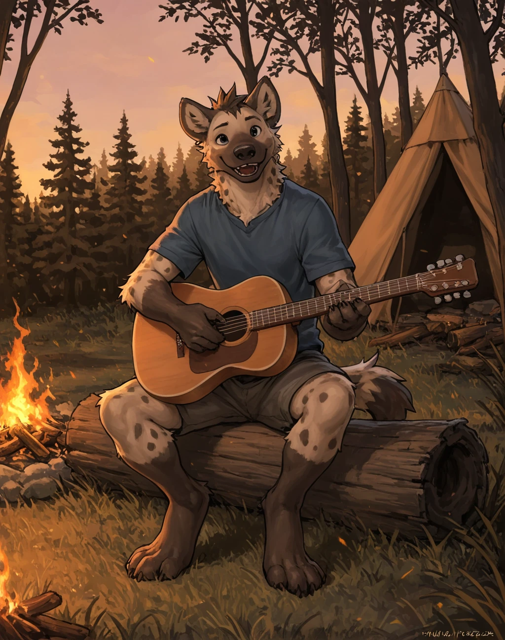 masterpiece, best quality, dangpa, tarran fiddler, 

anthro, male, hyena, campfire, tent, guitar, embers, windy, forest, evening, golden hour, logs, sitting on log, happy, cheerful, (fully clothed:1.2), shorts, shirt, solo, wilderness