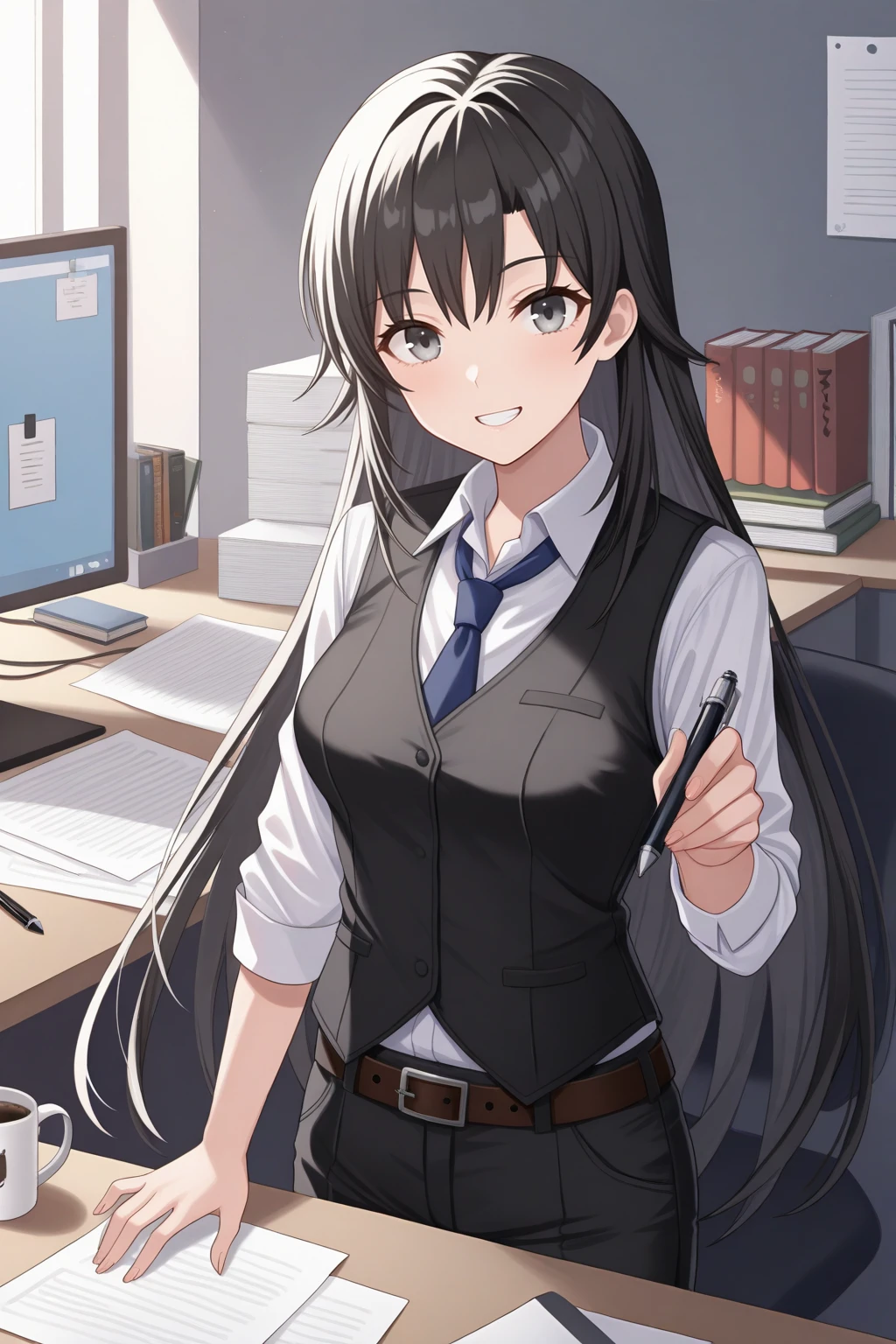 masterpiece, best quality, looking at viewer, grin, 1girl, shzhrtsk, medium breasts, long hair, black hair, grey eyes, collared shirt, white shirt, black vest, blue necktie, belt, black pants, indoors, office, desk, monitor, file, coffee mug, book, paper, pen, <lora:Hoseki_Oregairu_ShizukaHiratsuka_IllustriousXL_v1:1>