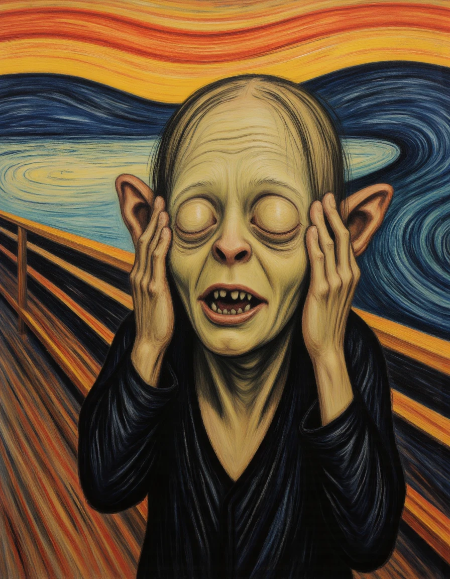 3dv4rd painting, Smeagol in the scream painting by Edvard Munch, hands covering his ears