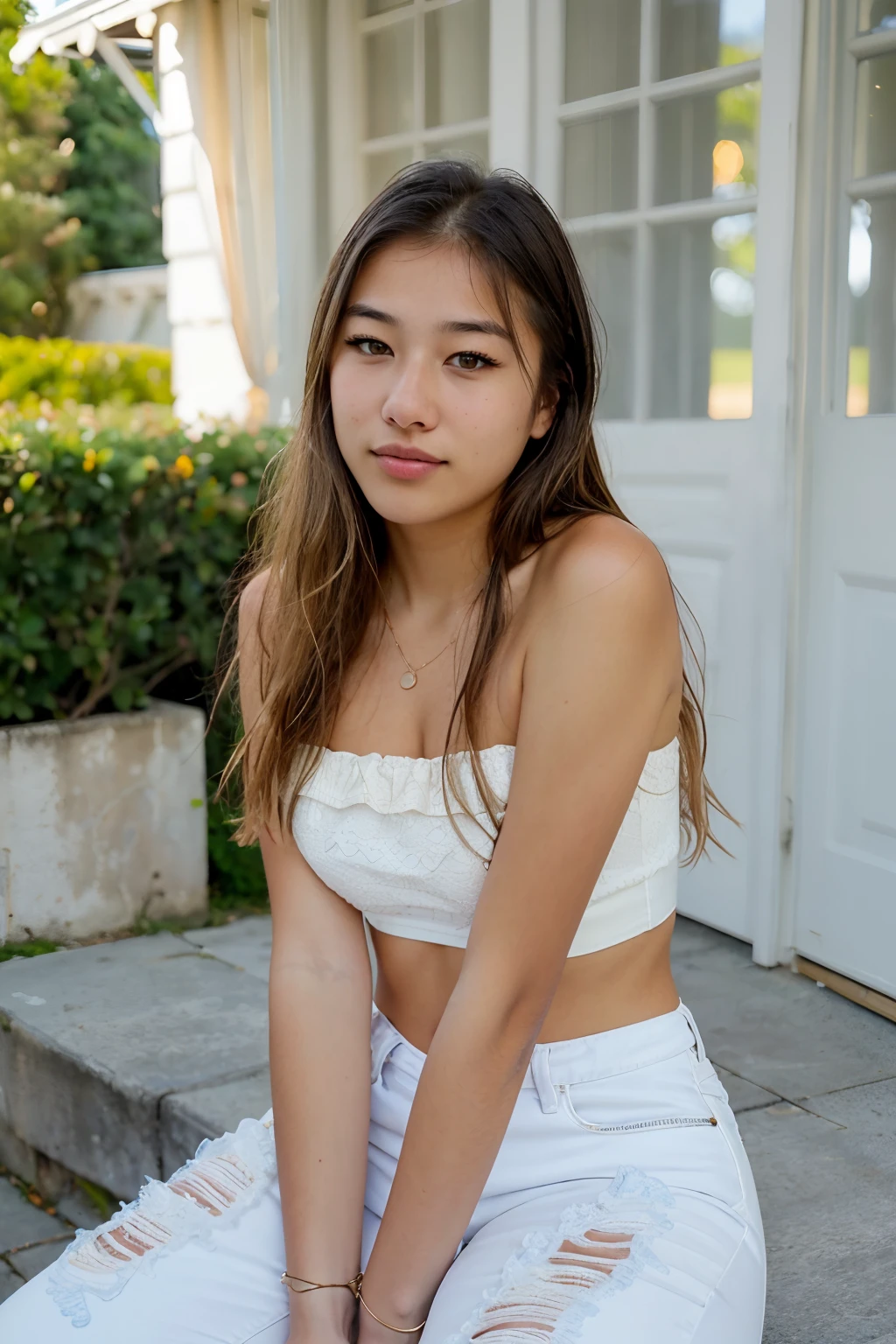 BREAK a photograph of (1girl, 19 years old, slight smile, <lora:ZH_P0Wyang_v1SD15:0.9>, zh_p0wyang, solo, realistic, long hair, lips, looking at viewer), seated facing the camera, wearing a white strapless crop top and light blue distressed jeans, paired with white sneakers