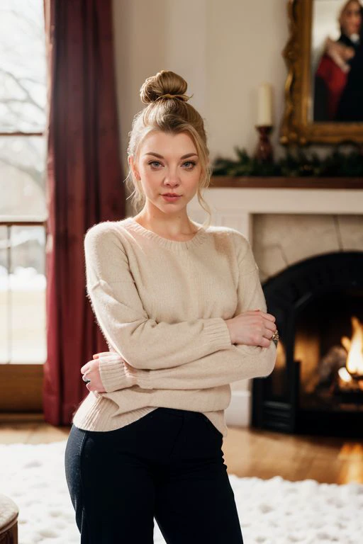 bokeh, flash photography, candid photo, blurry background, [indoors, window, curtains, snow outside, winter, fireplace, victorian era room, victorian decor], BREAK
upper body portrait of nataliedormer, (blonde hair, hairbun), (sweater, rolled up sleeves, pants), (looking at viewer) <lora:NatalieDormer:0.95>