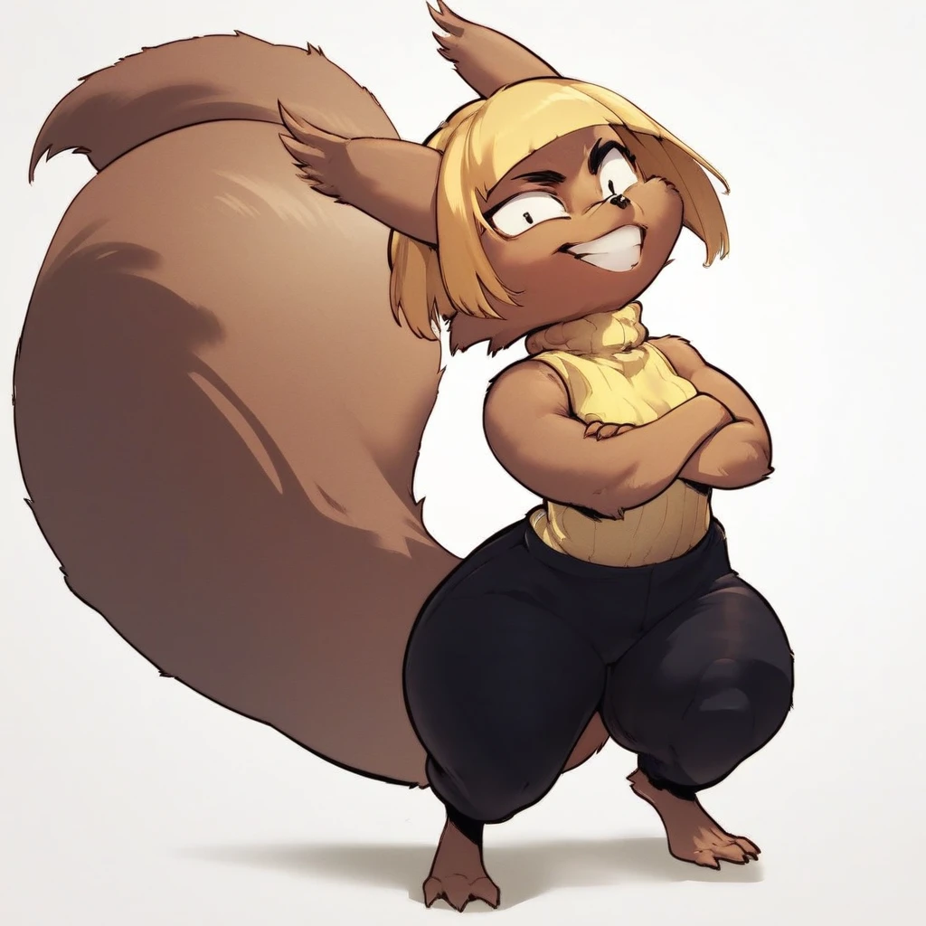 score_9, score_8_up, score_8, score_7, source_furry, daigaijin, Solo, 1girl, anthro, female furry, squirrel, rodent, brown fur, blonde hair, short hair, long tail, fluffy tail, black eyes, shortstack, small breasts, digigrade feet, full body, black pants, yellow sleeveless turtleneck, arms crossed, looking at viewer, happy, grin, white background,