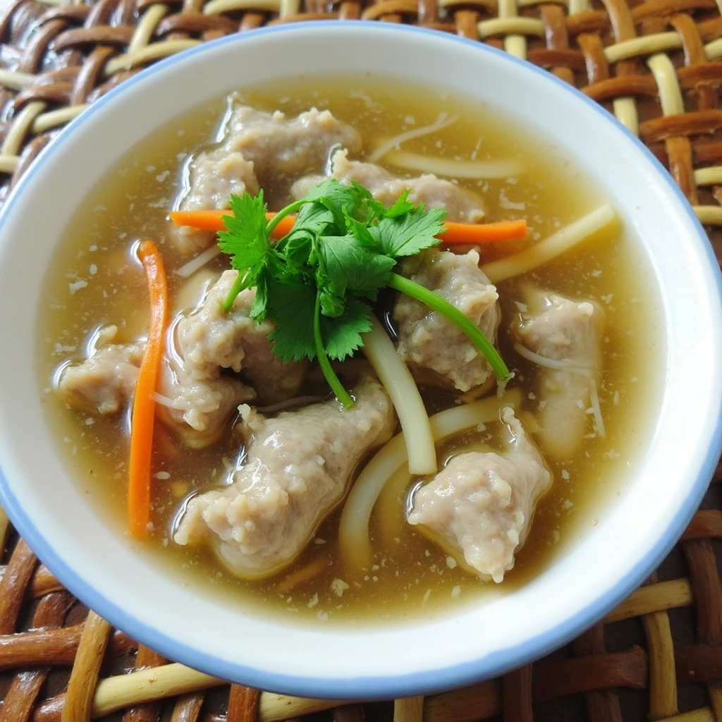 A clean, clear broth served in a white ceramic bowl with blue rim. The soup features tender chunks of hand-minced pork, fresh shiitake mushroom slices, julienned white stem mushrooms, and thin carrot strips. The broth is light and pristine, garnished with fresh cilantro leaves. All ingredients are meticulously cut and arranged, floating naturally in the clear soup, served on a traditional wooden lattice mat