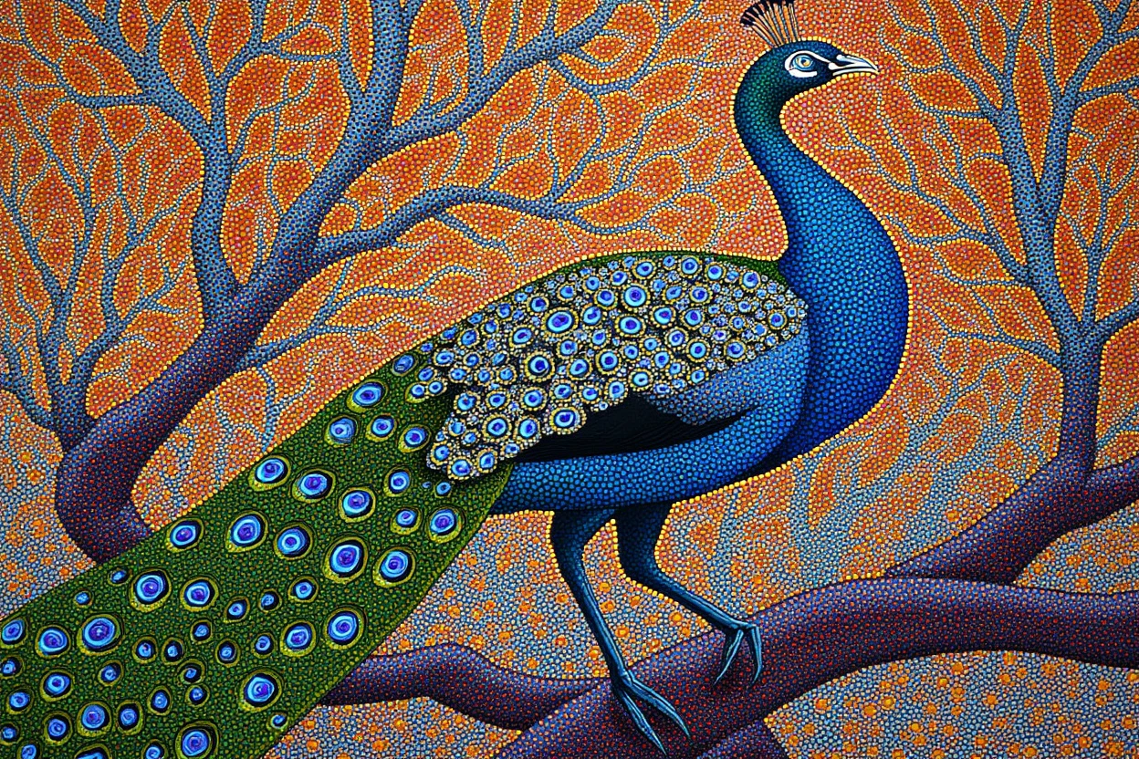 dotted truepointilli painting of a peacock rendered with a paisley pattern