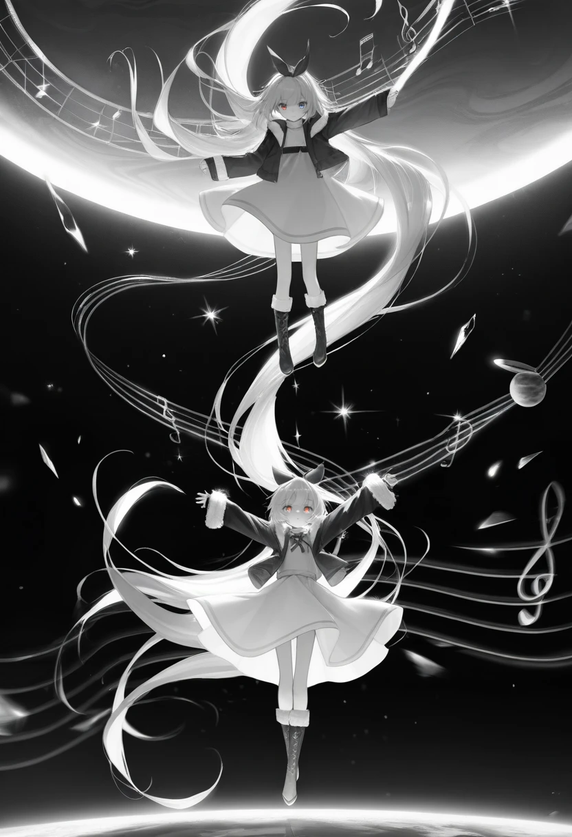 2girls, absurdly long hair, artist name, boots, dress, floating, floating hair, full body, fur-trimmed sleeves, fur trim, greyscale, hair ribbon, jacket, knee boots, long dress, long hair, long sleeves, miniskirt, monochrome, multiple girls, musical note, open clothes, open jacket, planet, ribbon, shards, skirt, skirt rise, sleeves past wrists, sparkle, spot color, staff \(music\), treble clef, very long hair
BREAK
han yijie, masterpiece, best quality, good quality, newest, highres, absurdres
