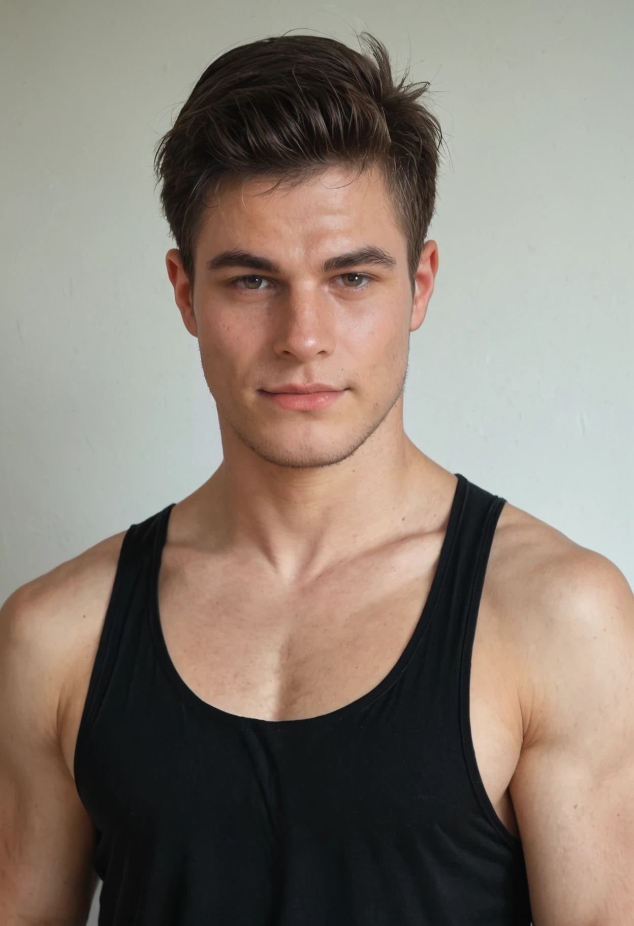 score_9, score_8_up, score_7_up, realistic, photorealistic, highly detailed, close-up <lora:xl_dominik_togyela-08:0.8> male domperson, wearing black tank top shirt, (smirk:0.5), white background