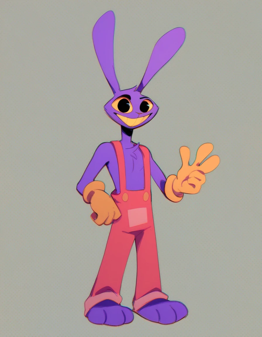 JaxTADC, solo, gloves, 1boy, animal ears, standing, full body, male focus, rabbit ears, toes, suspenders, furry, overalls, yellow gloves, yellow sclera, colored sclera, black eyes, yellow teeth, rabbit feet, black cornea, purple fur