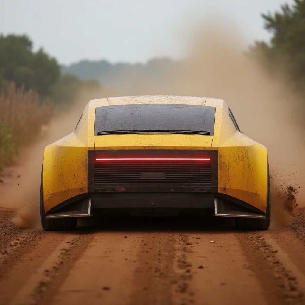 a race of jagtype00 car in a rally track offroad dirt road. Rear view. The car is yellow, but dirt with mud and dust

