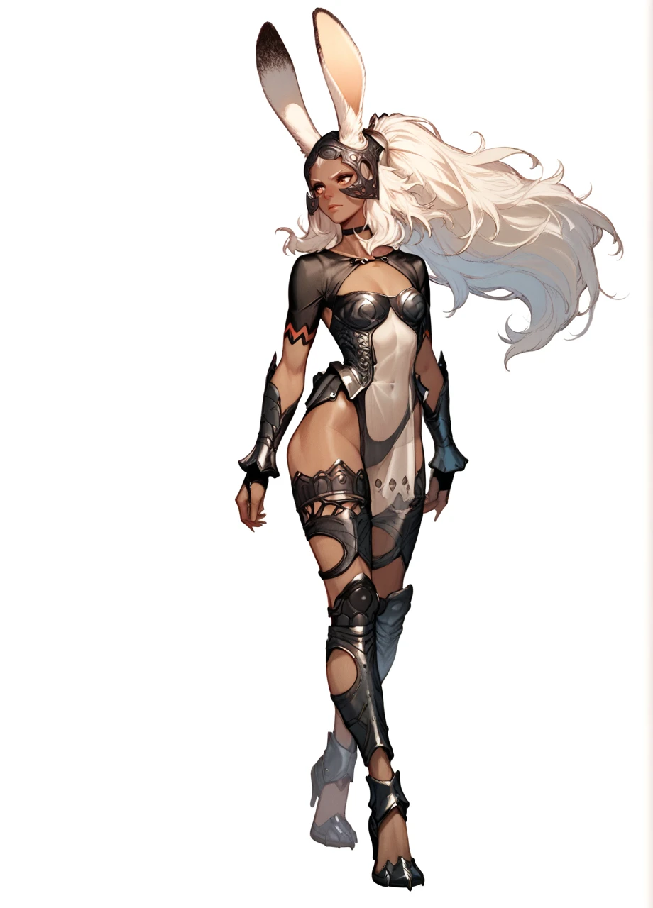 1girl, solo, white background, ffxiifran, dark skin, viera, helmet, revealing clothes, armored legwear, full body, white hair, long hair <lora:FF_Fran-PONY:0.8>, score_9, score_8_up, score_7_up, score_6_up,