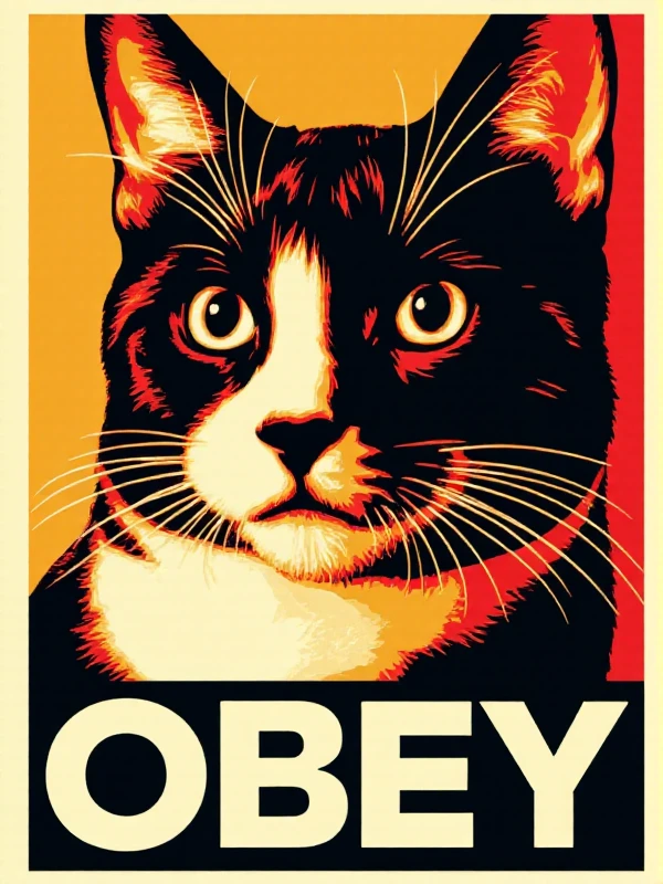 <lora:Shepard_Fairey_Style:0.9> shepard fairey style, a cat closeup face portrait with the text "OBEY"