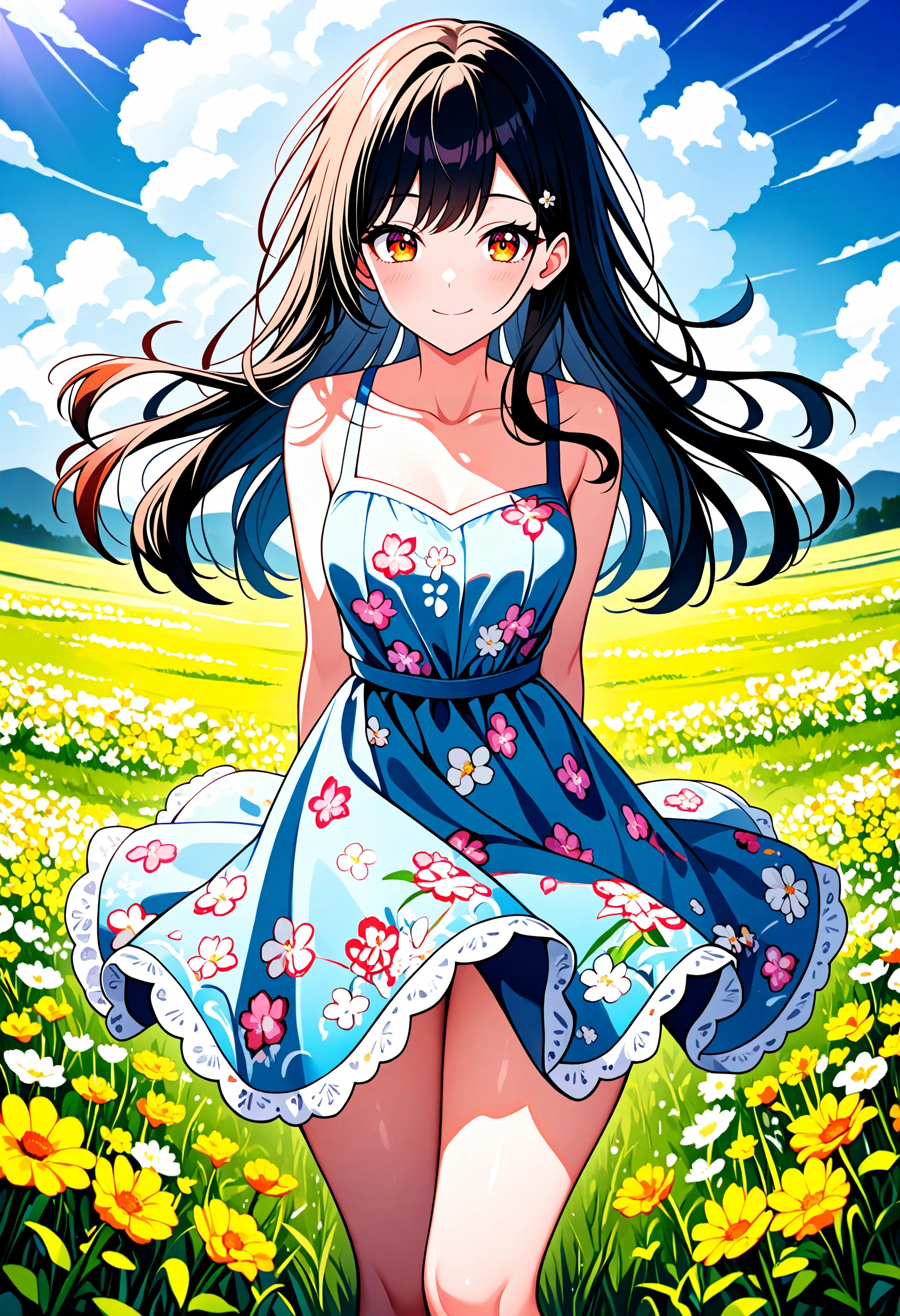 masterpiece, best quality, absurdres, very aesthetic, 1girl, long hair, floral print, dress, meadow, flowers, clouds, smile, thick thighs,